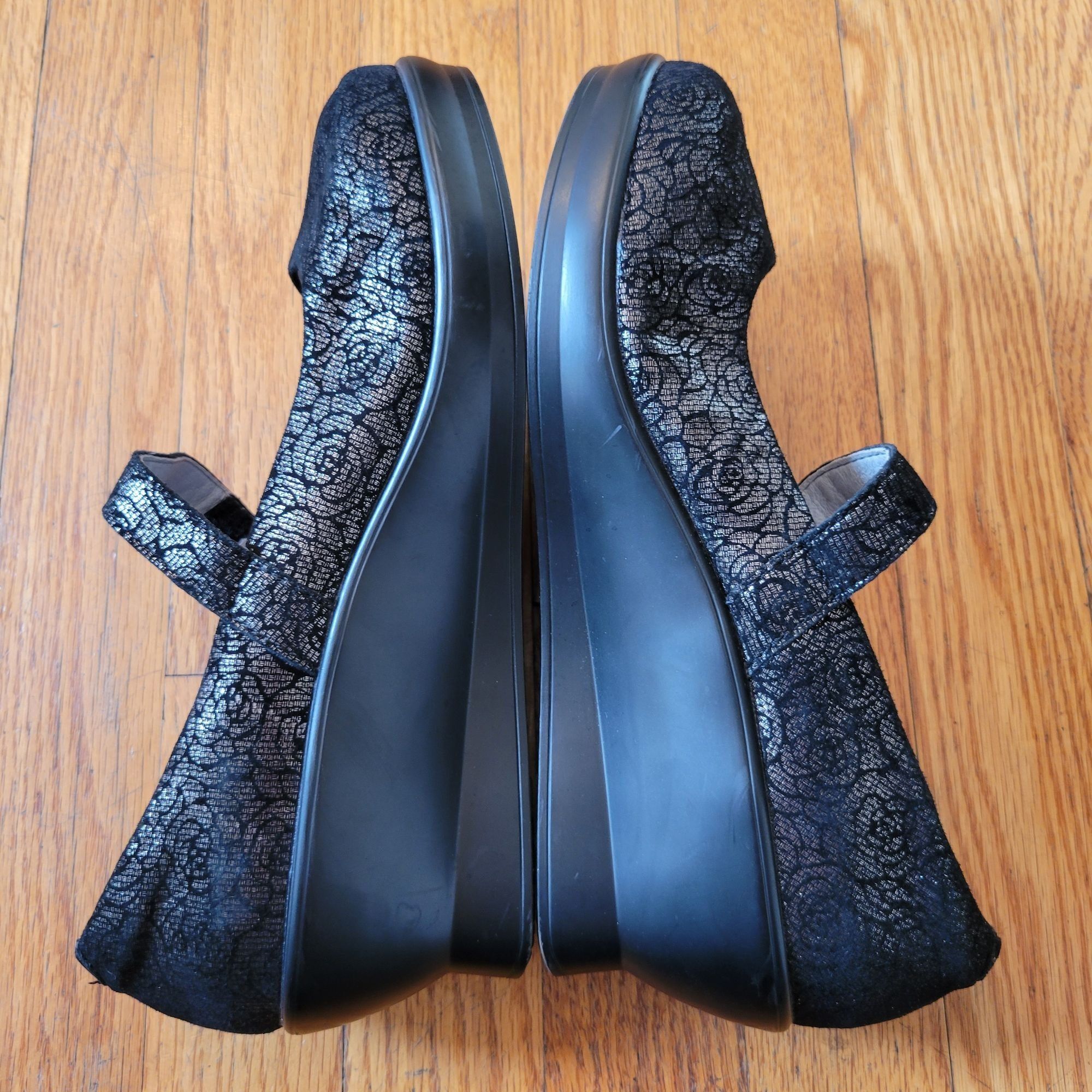 Vintage Alegria Black Metallic Floral Rose Leather Mary Jane Wedge H Size US 8.5 / IT 38.5 - 5 Thumbnail