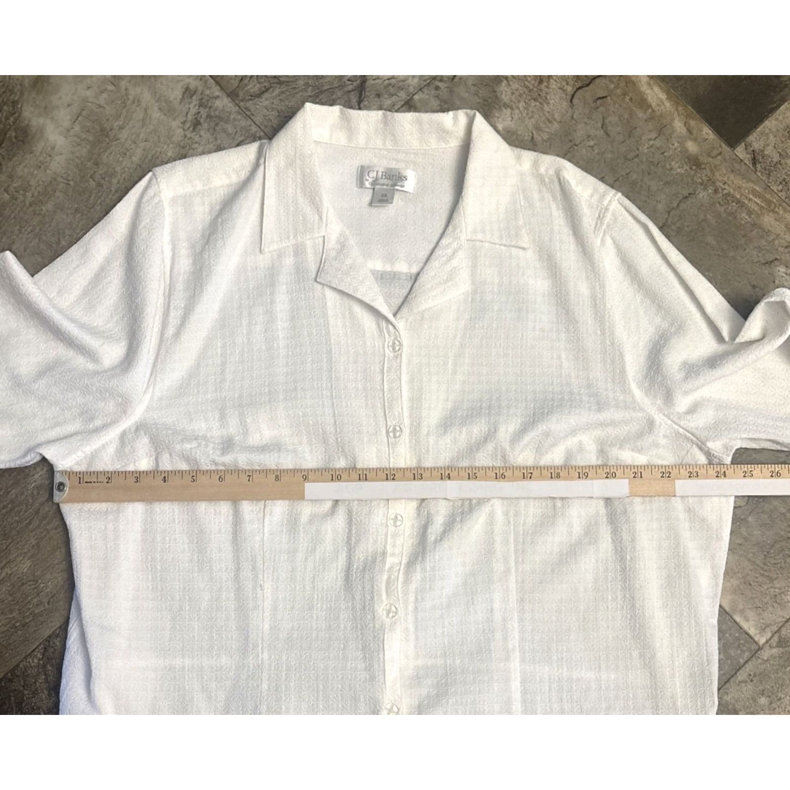Vintage CJ Banks Blouse Shirt 2X White Button Up Top Textured Print Classic 1852 Women Plus Size Long Sleeve Collared Cotton Blend Buttoned Size XXL / US 16-18 / IT 52-54 - 3 Thumbnail