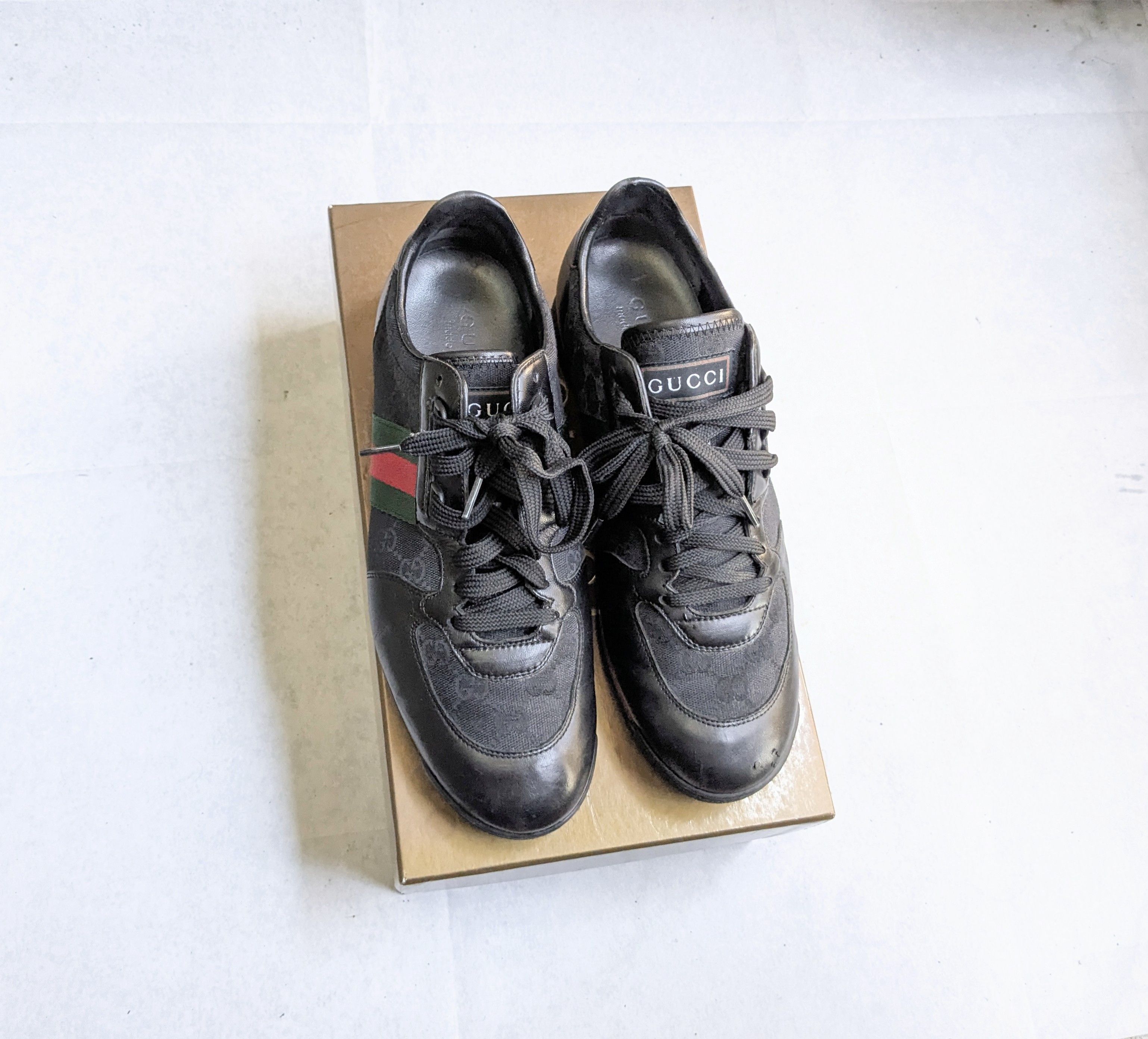 Gucci Gucci Sneakers Black 9.5 Web Leather Low Tops Size US 9.5 / EU 42-43 - 2 Thumbnail