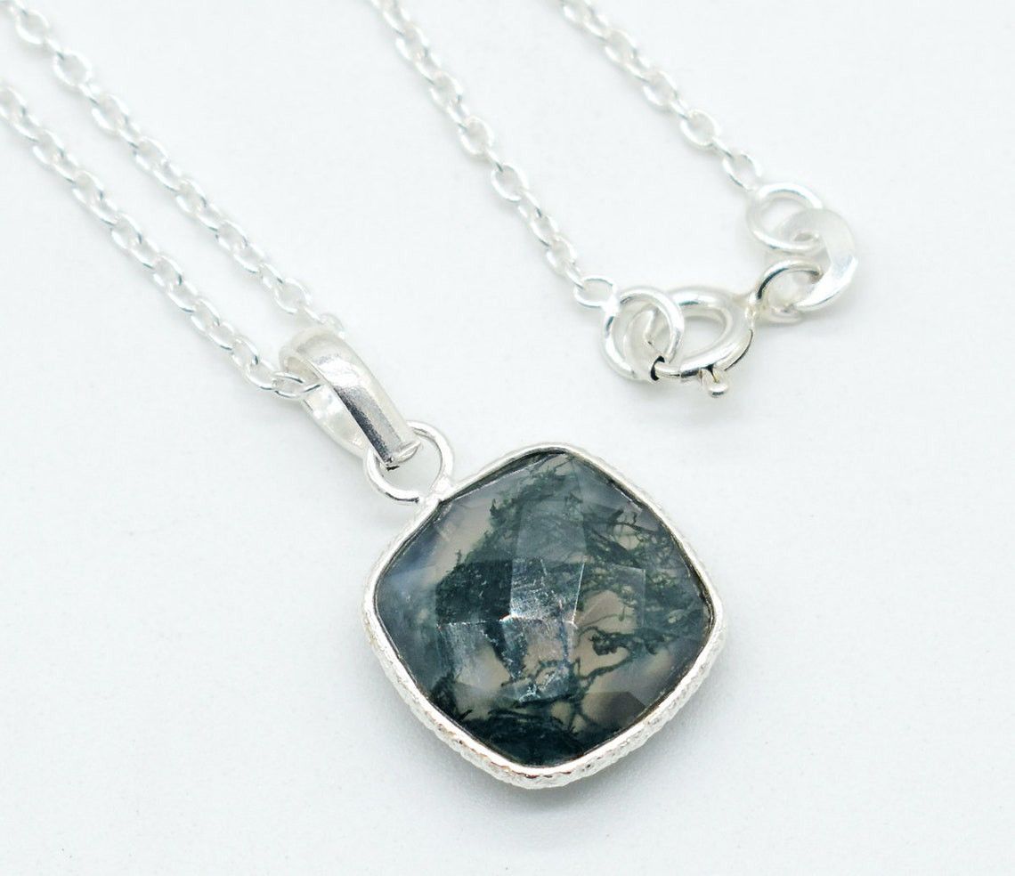 Handmade Moss Agate 925 Sterling Silver Necklace Natural Gem Pendant Size ONE SIZE - 2 Thumbnail