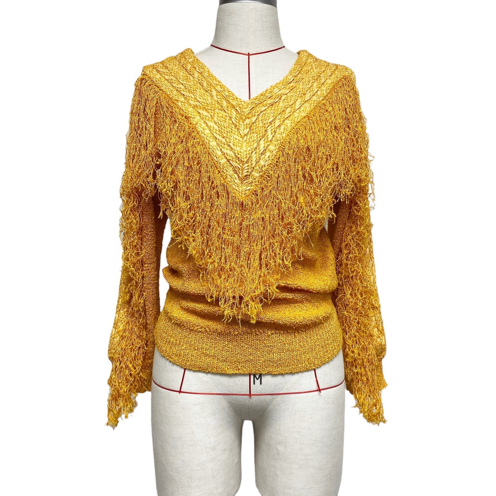 image of Vintage French Rags Womens Nubby Knit Long Sleeve Fringe Top in Yellow