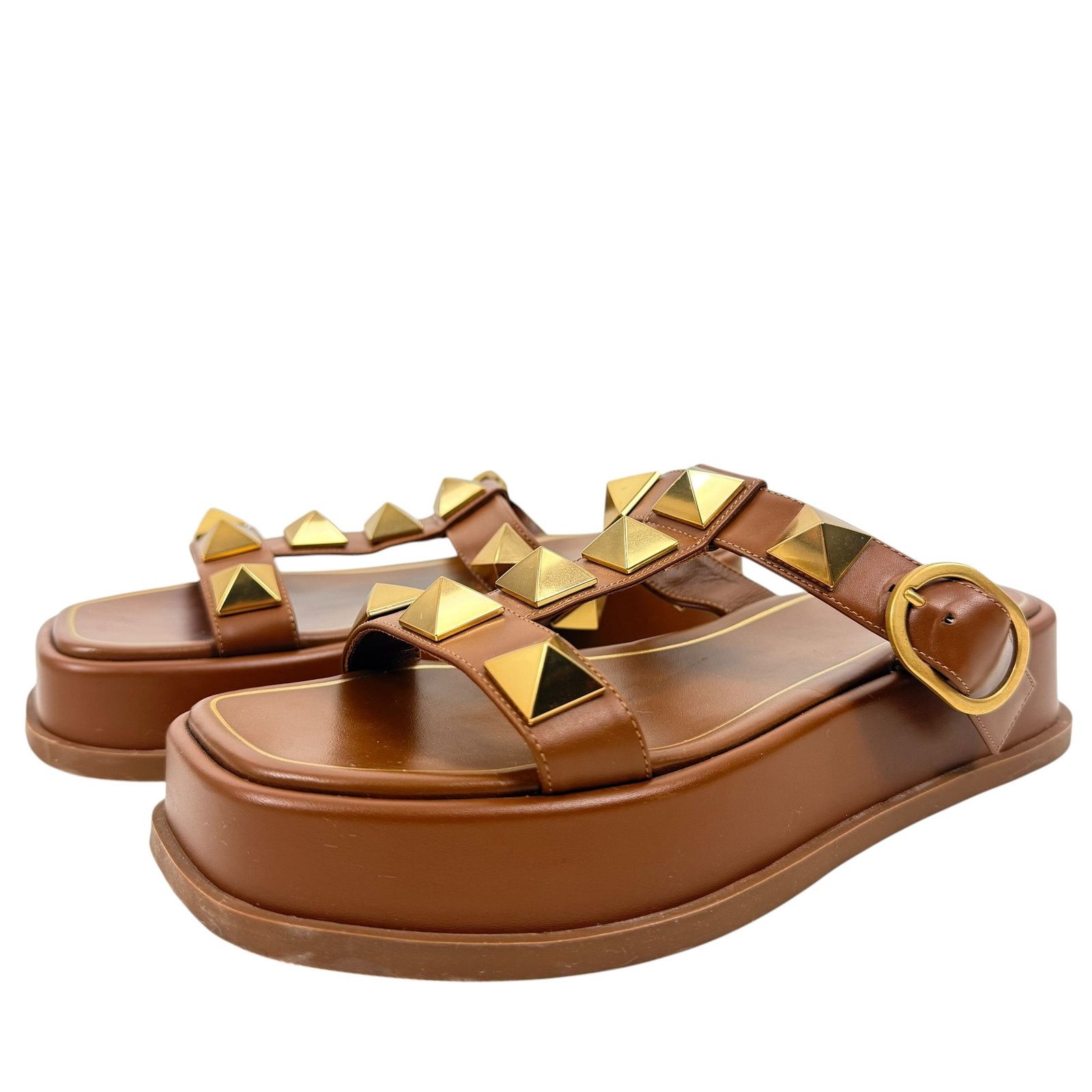 Valentino Valentino Garavani Roman Stud Platform Leather Slides Brown Size US 7.5 / IT 37.5 - 3 Thumbnail