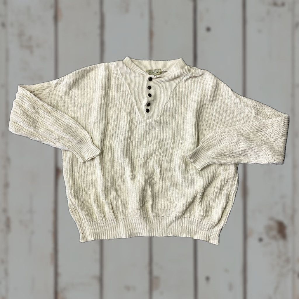 Vintage VINTAGE Sunny's 1/4 Button Sweater Men XL Beige/Cream 100% Cotton Knit Pullover Long Sleeve V-Neck Casual USA Size US XL / EU 56 / 4 - 1 Thumbnail