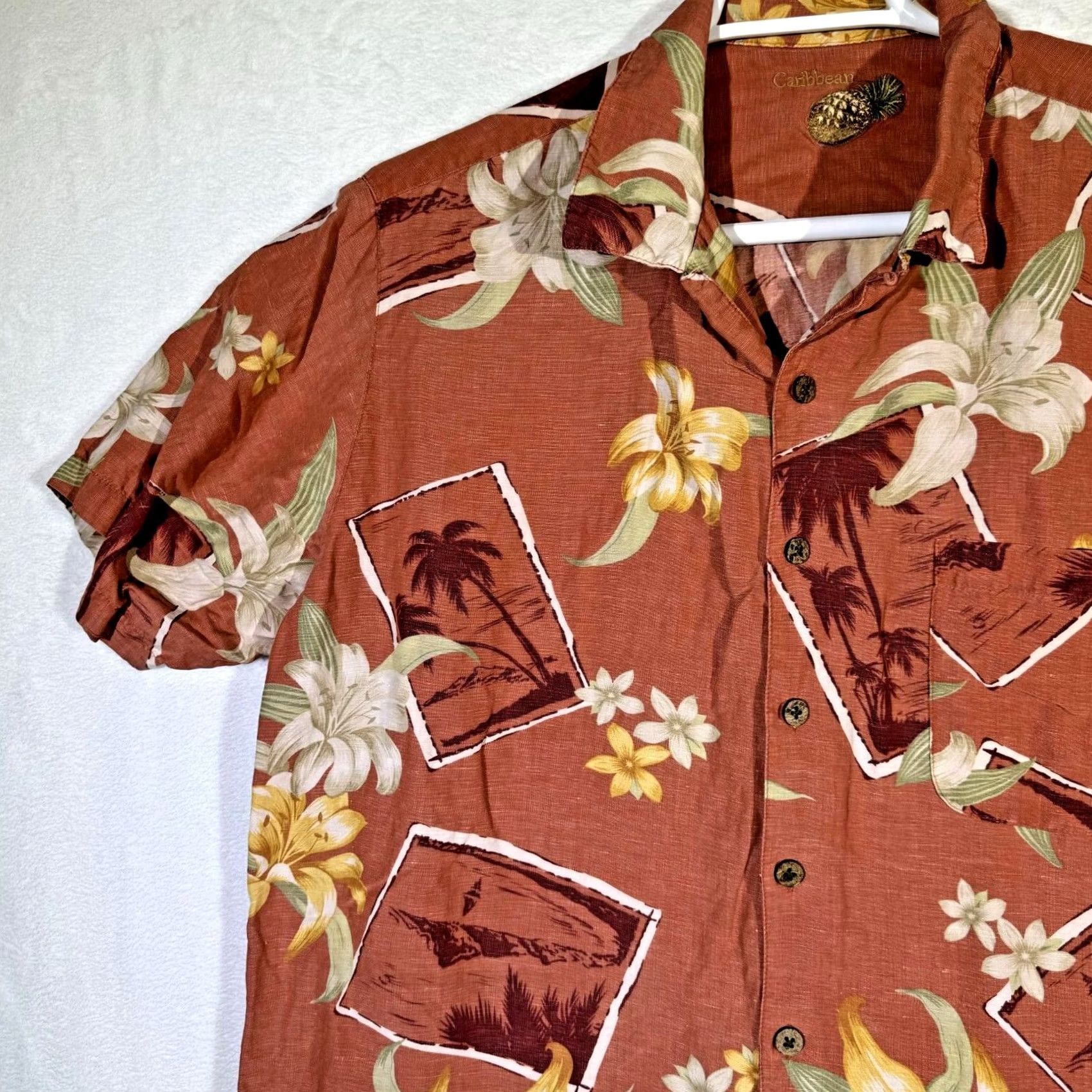 Vintage Caribbean Hawaiian Shirt XL Brown Silk-Linen Floral Button-Up Short Sleeve Men's Regular Size US XL / EU 56 / 4 - 4 Thumbnail