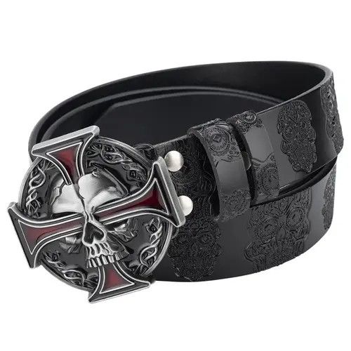 VIBE Skull Leather Belt Embossed Pattern Cowskin Size ONE SIZE - 2 Thumbnail