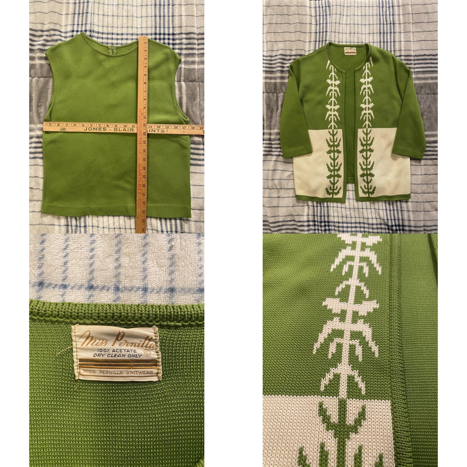Vintage VINTAGE Miss Pernilla 3 Piece Outfit Skirt Shirt Cardigan Womens Size Medium Green 60s 1960s Polyester Art Deco M/L Size M / US 6-8 / IT 42-44 - 8 Thumbnail
