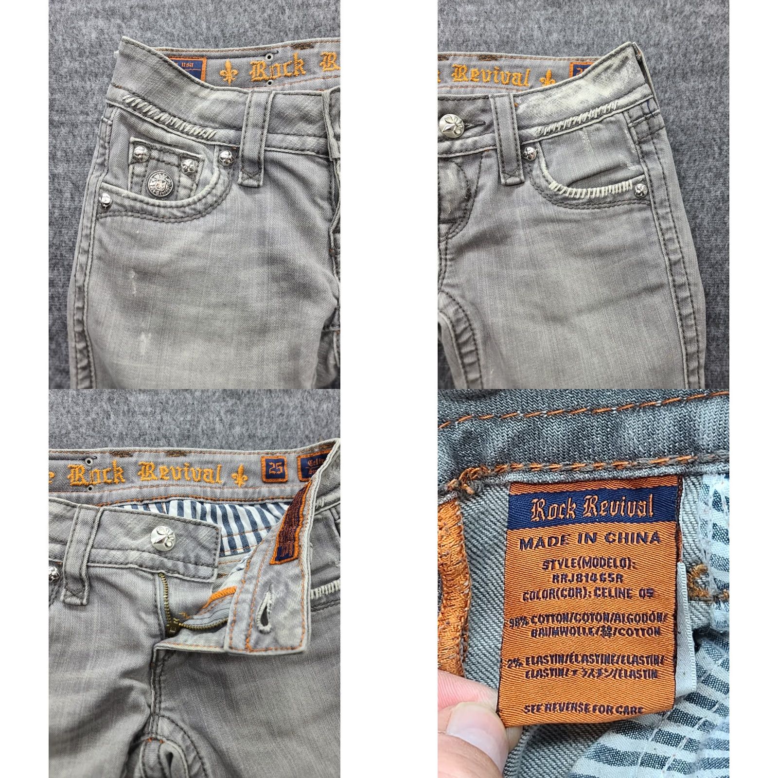 Vintage Rock Revival Jeans Womens 25 x 30 Celine Straight Leather Stitch Fleur De Lis Jeans Gray 5-Pocket Design Regular Cowboy Western Y2K Womens Size 42" / US 20 - 8 Thumbnail