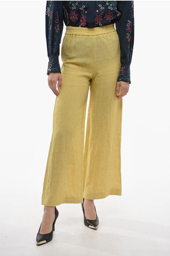 image of Fabiana Filippi Linen Palazzo Pants With Elastic Waistband in Yellow, Women's (Size 26)