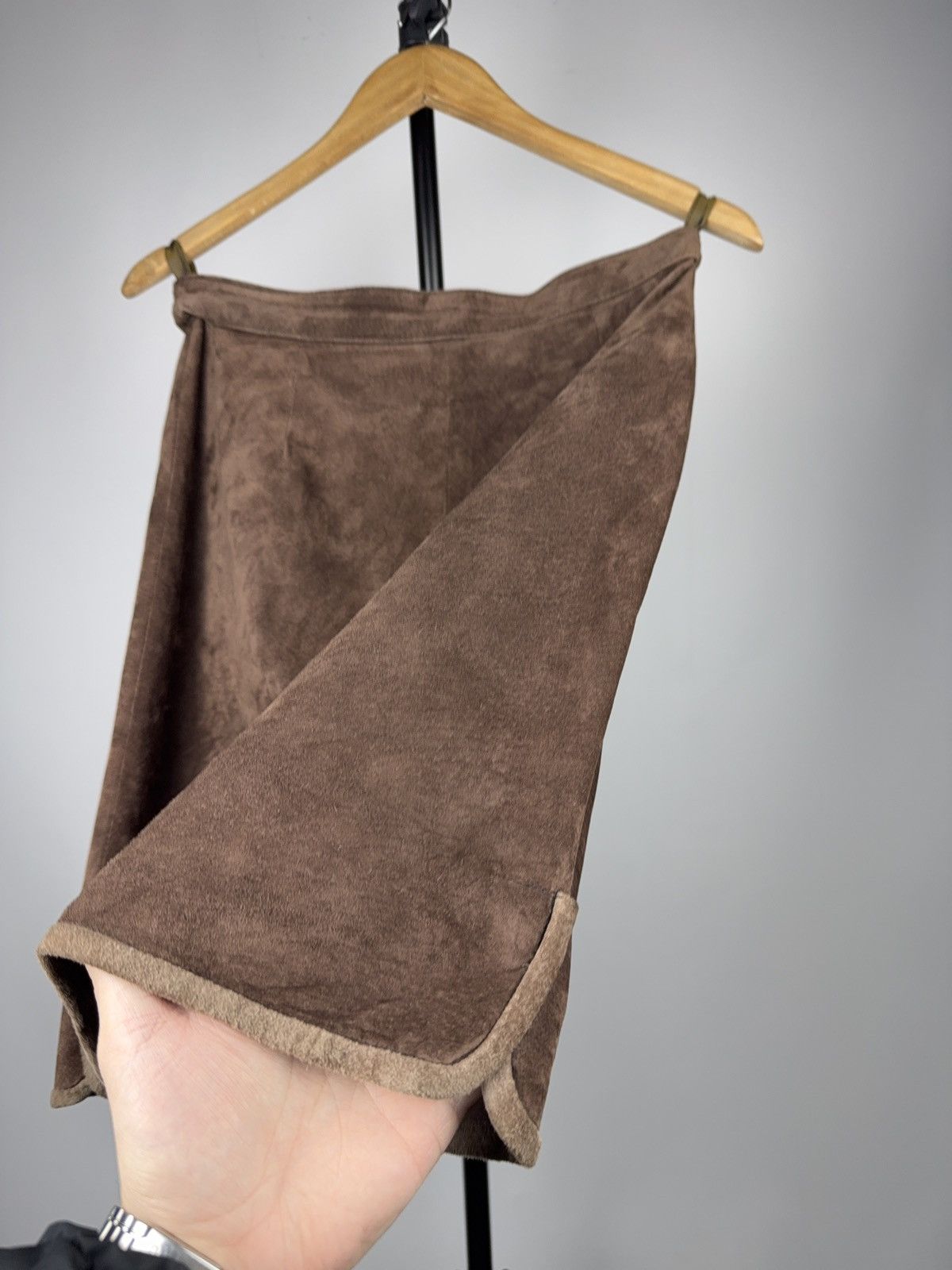 Genuine Leather Avant Garde 90s Y2K Retro Vintage Brown Leather Midi Skirt Size 29" - 3 Thumbnail