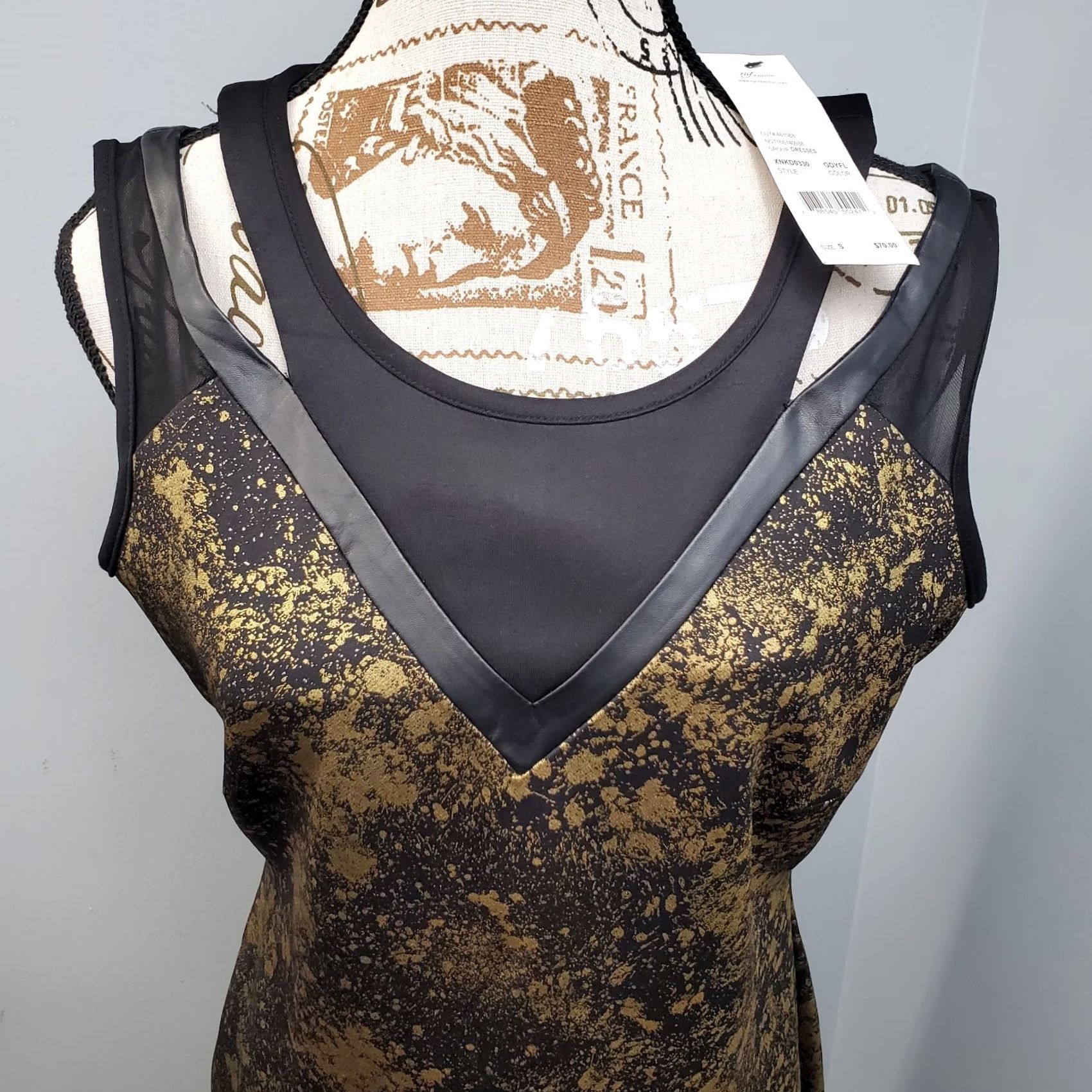 Vintage NY Collection Womens Sheath Dress Midi Black Gold Foiled Faux Leather Trim Back Zip Sleeveless S Size S / US 4 / IT 40 - 7 Thumbnail