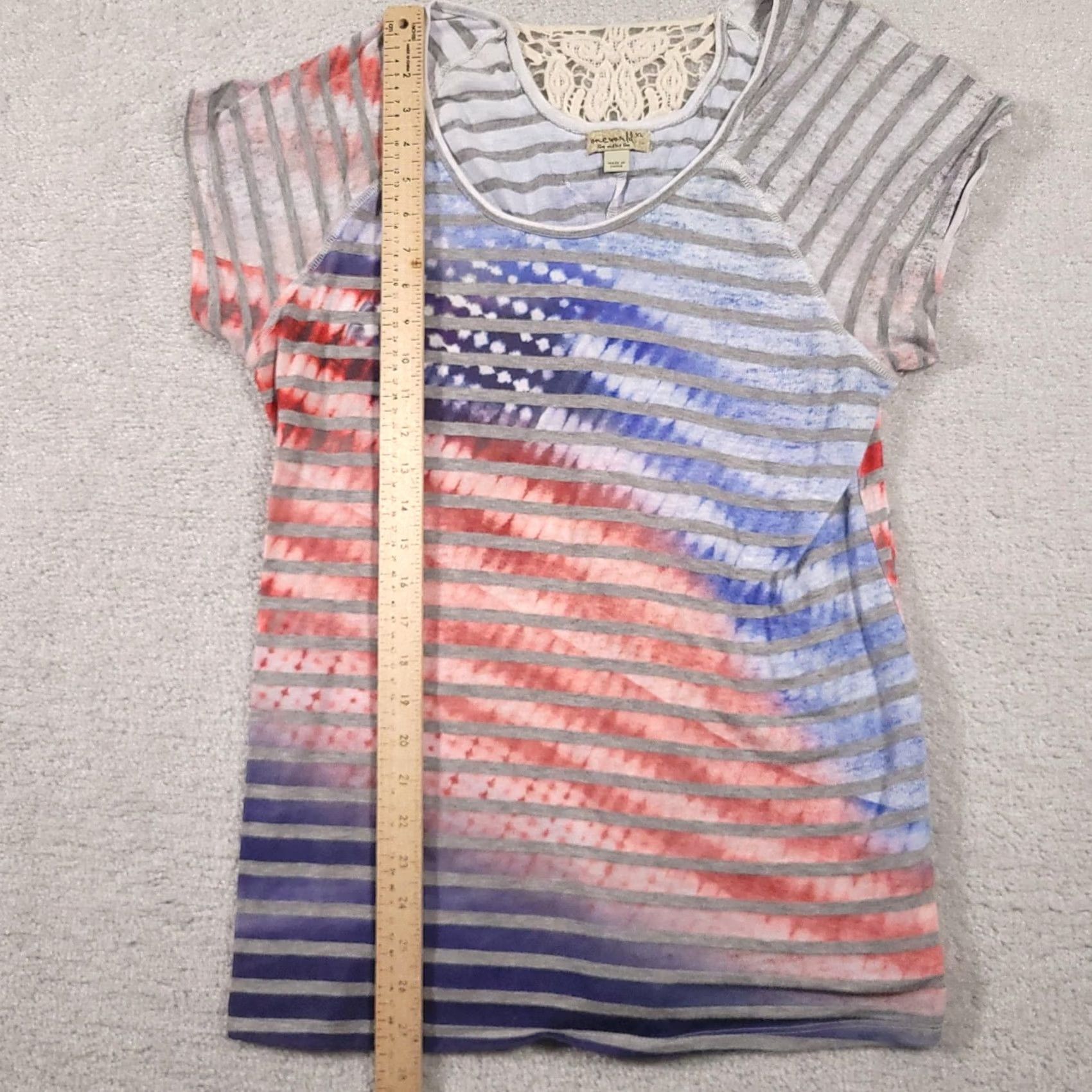Vintage VINTAGE One World Shirt Womens XL Gray Red Blue Striped Lace Back Boho Patriotic Top Size XL / US 12-14 / IT 48-50 - 5 Thumbnail
