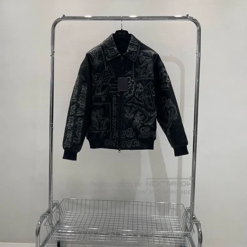 Louis Vuitton Black embroidered aviator leather jacket