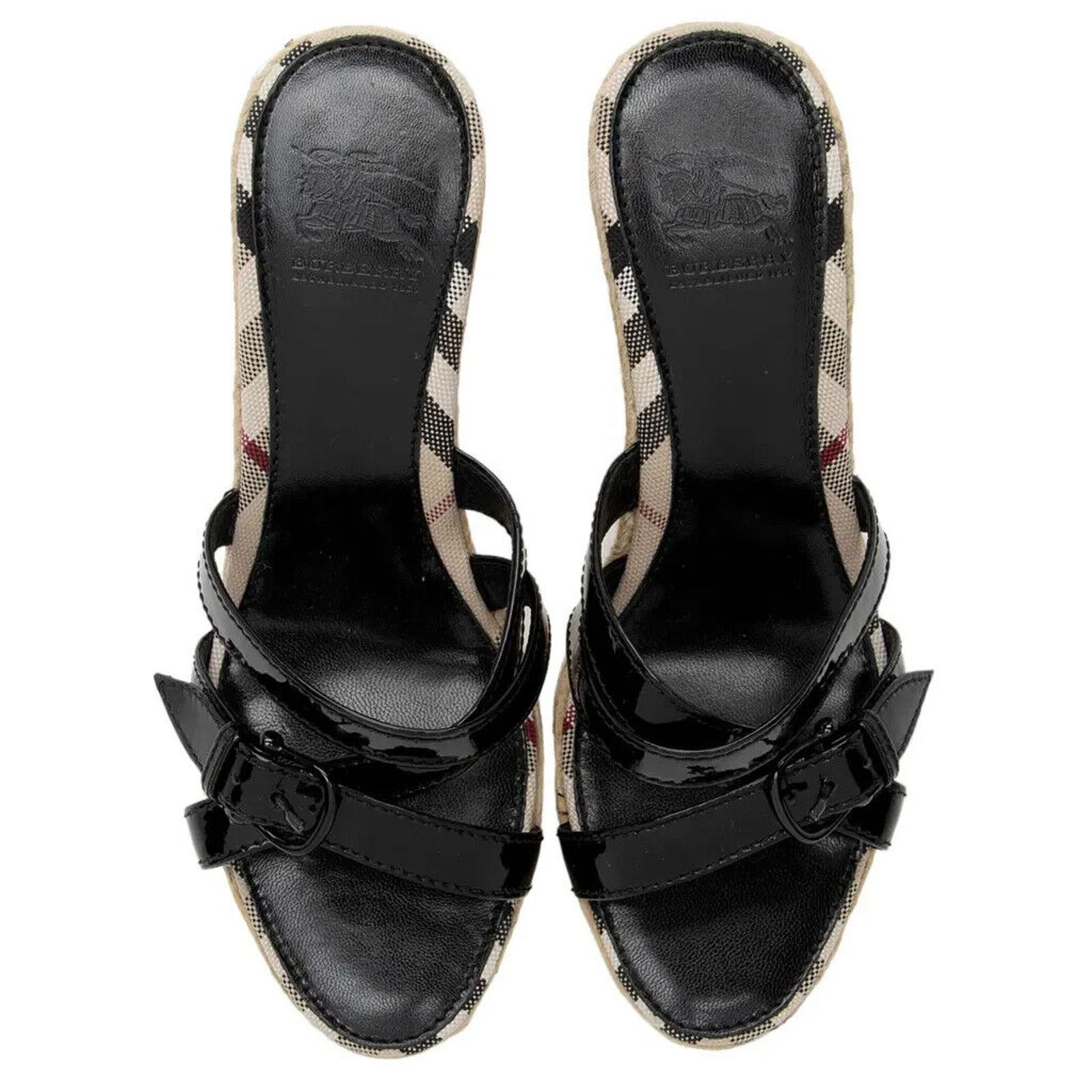 Burberry BURBERRY BLACK PATENT LEATHER CHECK ESPADRILLE SANDALS 40 Size US 10 / IT 40 - 2 Thumbnail
