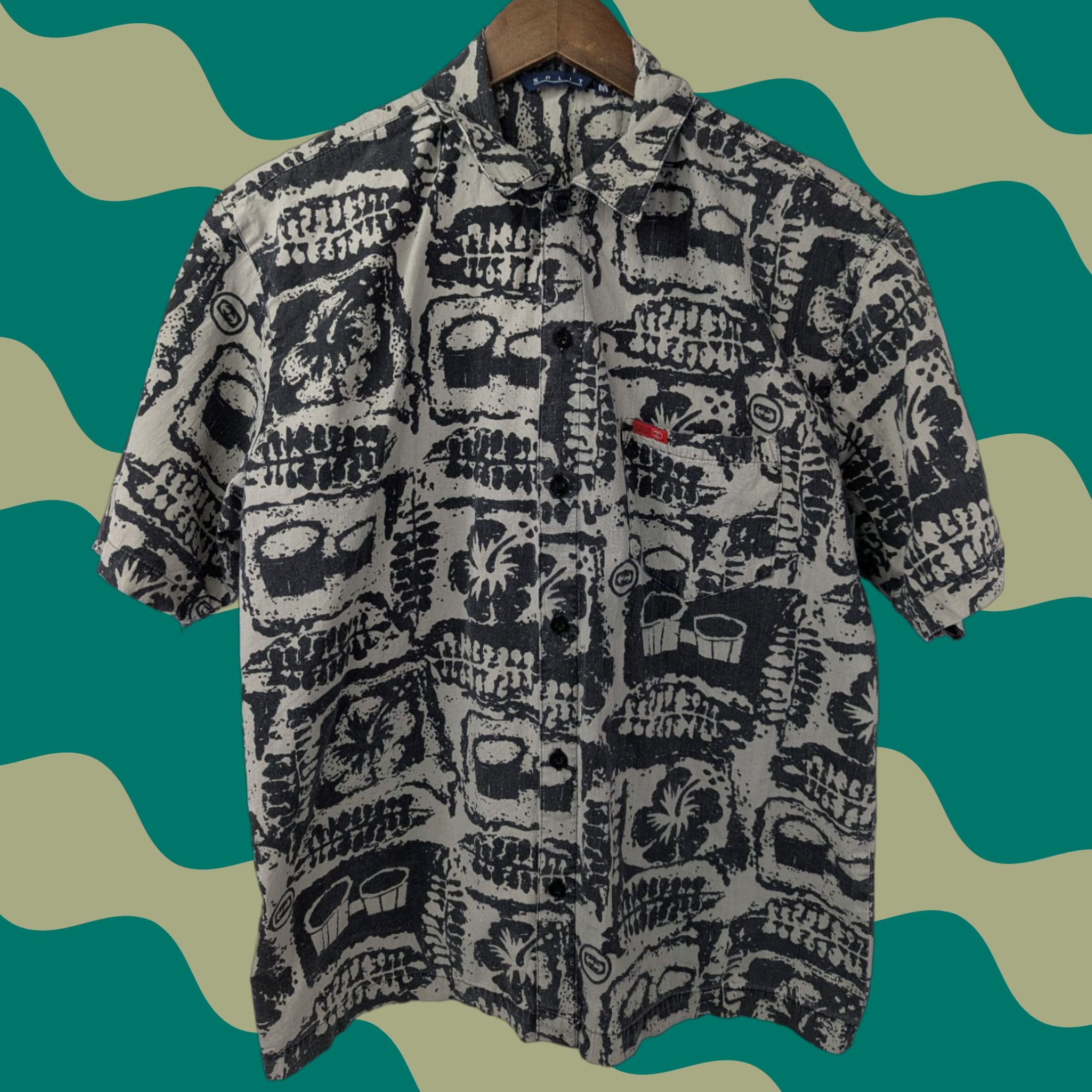 Vintage Split Shirt Mens M Button-Down Short Sleeve Cotton Gray Embroidered 90s Y2K Split Tapa Hibiscus Size US M / EU 48-50 / 2 - 1 Thumbnail