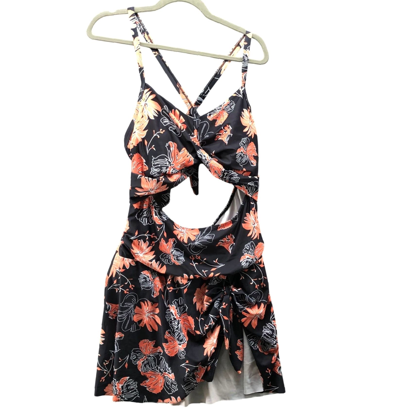 ZAFUL VINTAGE Zaful Floral Cut-Out Swim Dress Women 2X (16-18) Black Orange Floral Tie Back Size XXL / US 16-18 / IT 52-54 - 2 Thumbnail