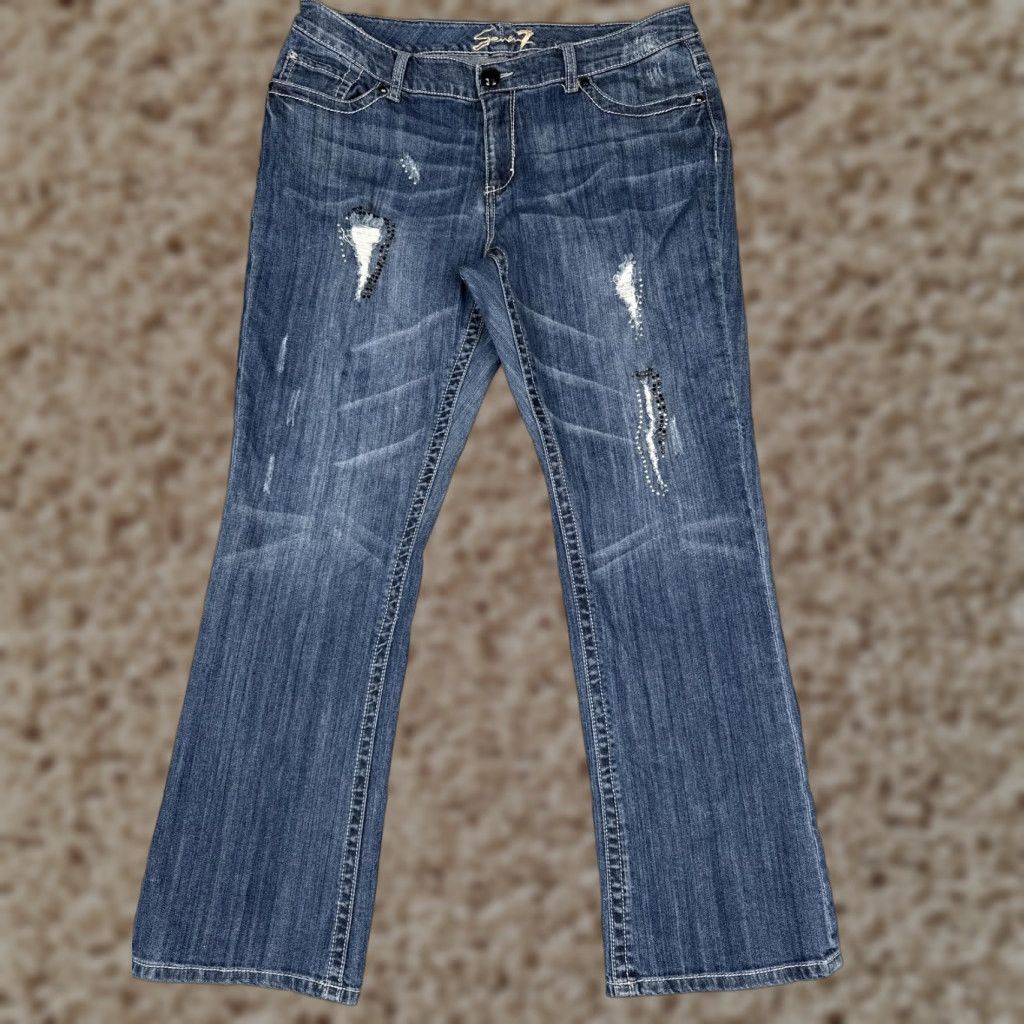 Vintage Seven7 Bootcut Jeans Womens 18 Blue Med Wash Mid Rise Stretch Rhinestone 36x31 Size 40" / US 18 - 1 Thumbnail