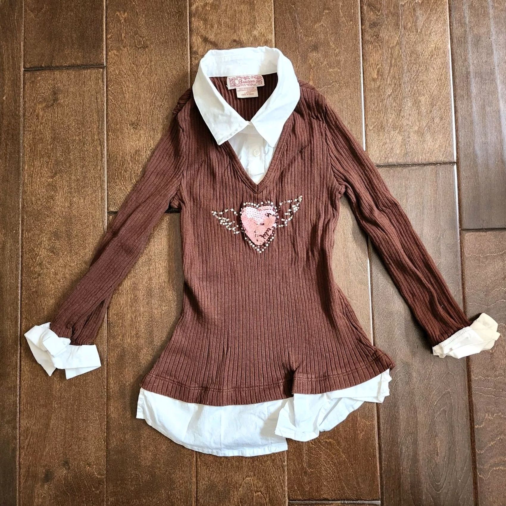 Vintage Beautees Junior Layered Look Preppy Buttons Collar Neck Sweater L Teens Brown Long Sleeve Regular Size L Size L / US 10 / IT 46 - 2 Thumbnail