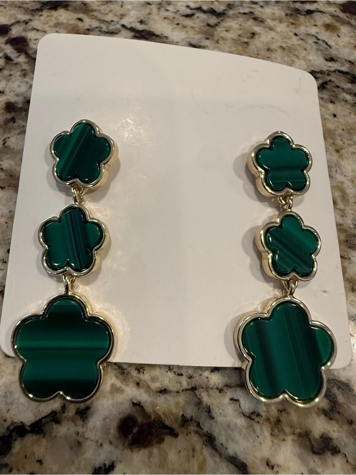 Other Clover leaf green dangle post earrings stripe marble gold Size ONE SIZE - 1 Thumbnail