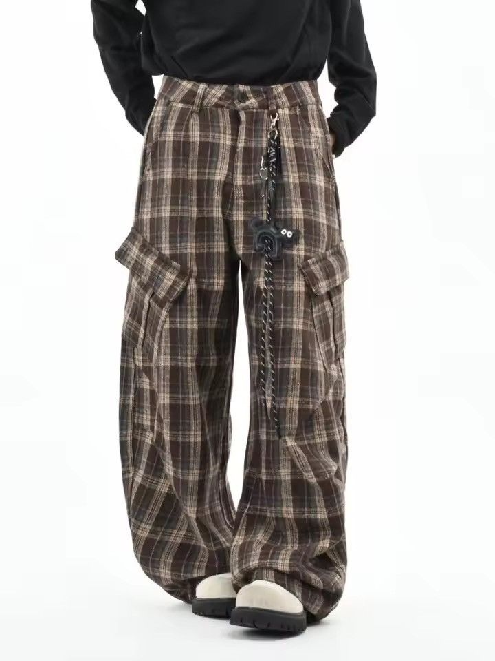 Y2K Grunge Plaid Ultra Wide Leg Cargo Pants Brown Check Flan, Men's (Size 33)