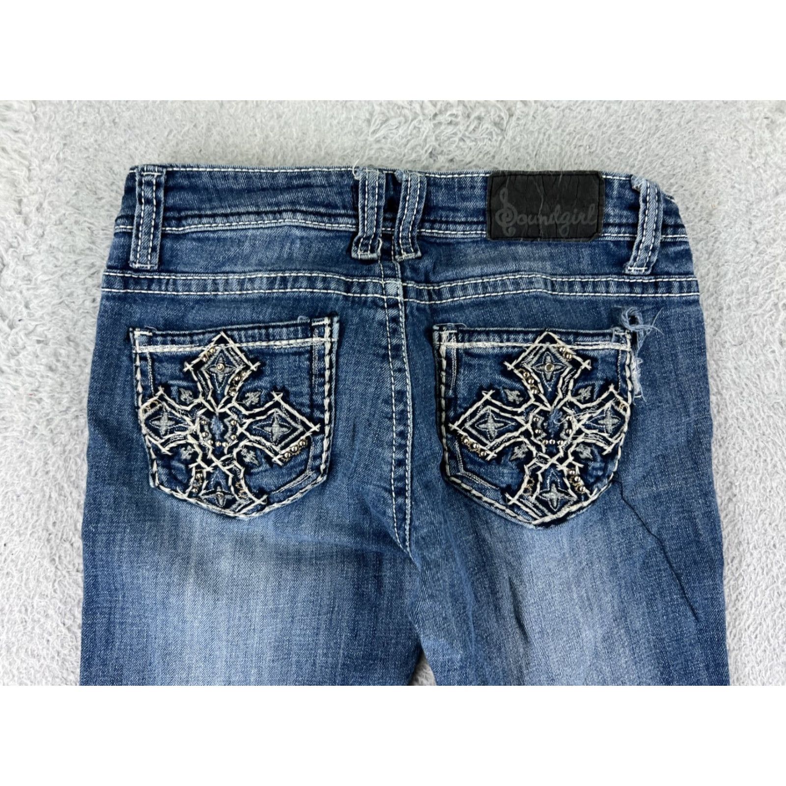 Denime Soundgirl Jeans Womens 5 Blue Denim Flared Distressed Embroidered Rhinestone Cotton Size 27" / US 4 / IT 40 - 3 Thumbnail