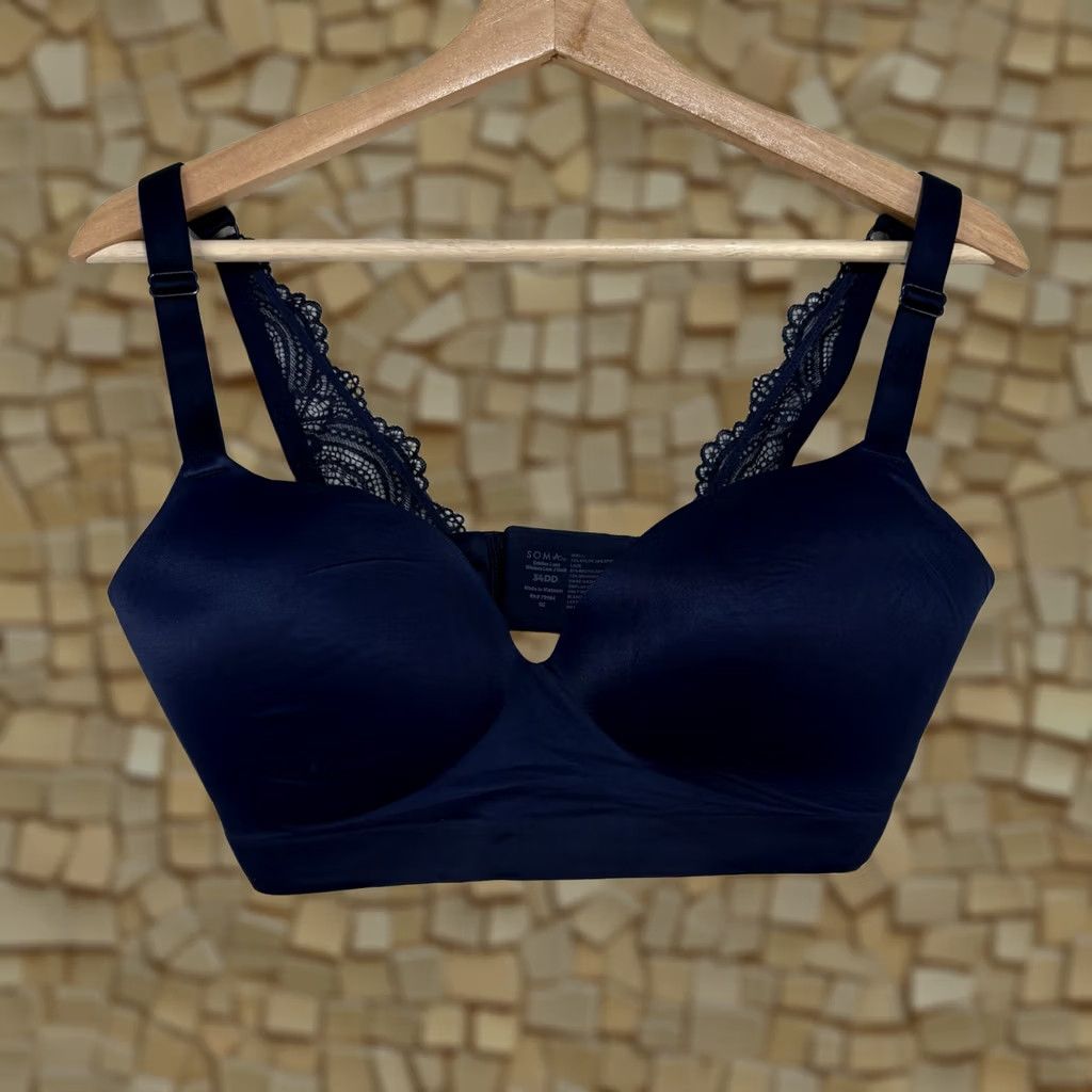 Vintage Soma Enbliss Luxe Wireless J Hook Bra 34DD Navy Lace Back Comfort Soft Size ONE SIZE - 1 Thumbnail