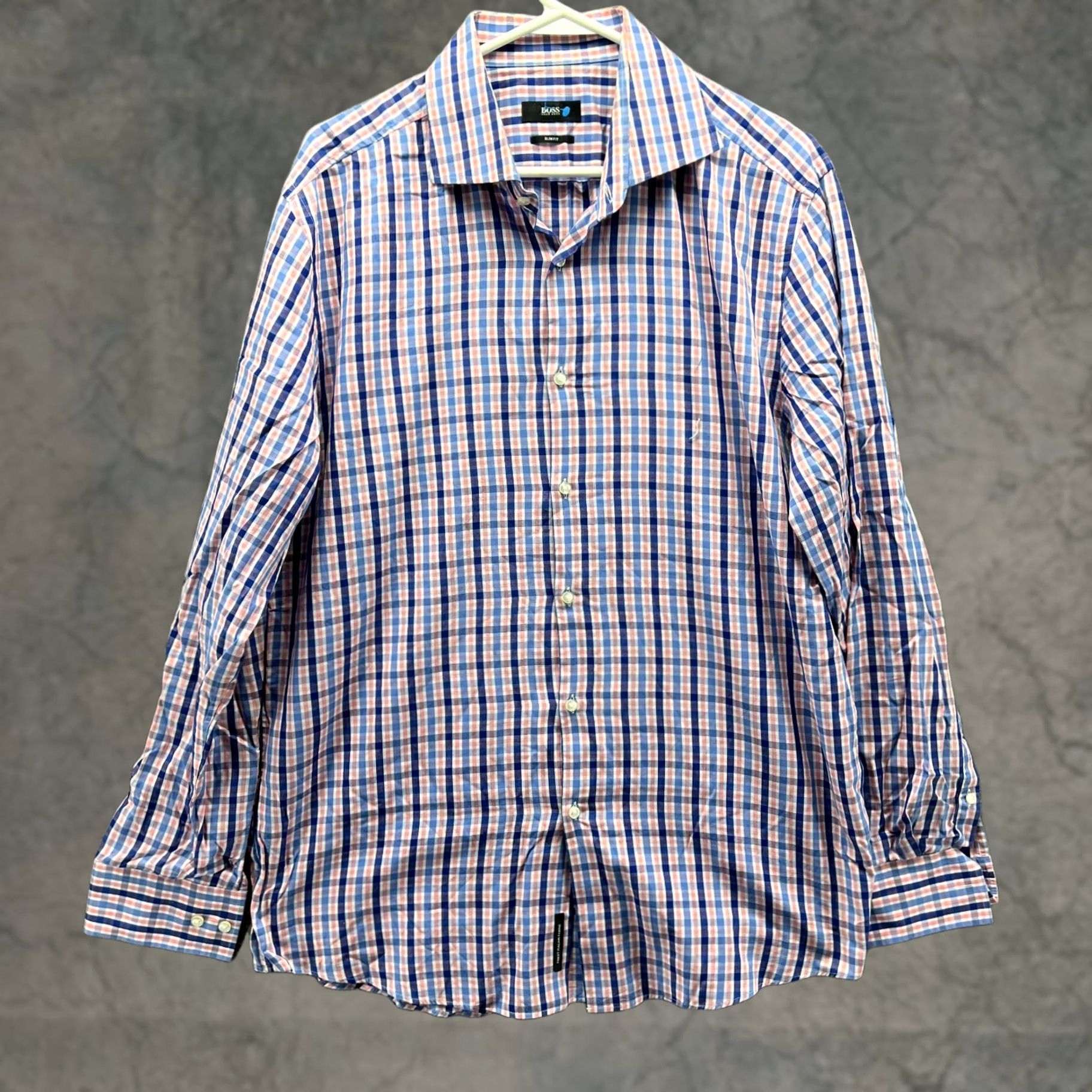Hugo Boss HUGO BOSS Shirt Mens 17.5/44 Blue Pink Button-Down Gingham Slim Fit Preppy Plaid Vintage Check/Collar Down Shirt Size US XXL / EU 58 / 5 - 1 Thumbnail