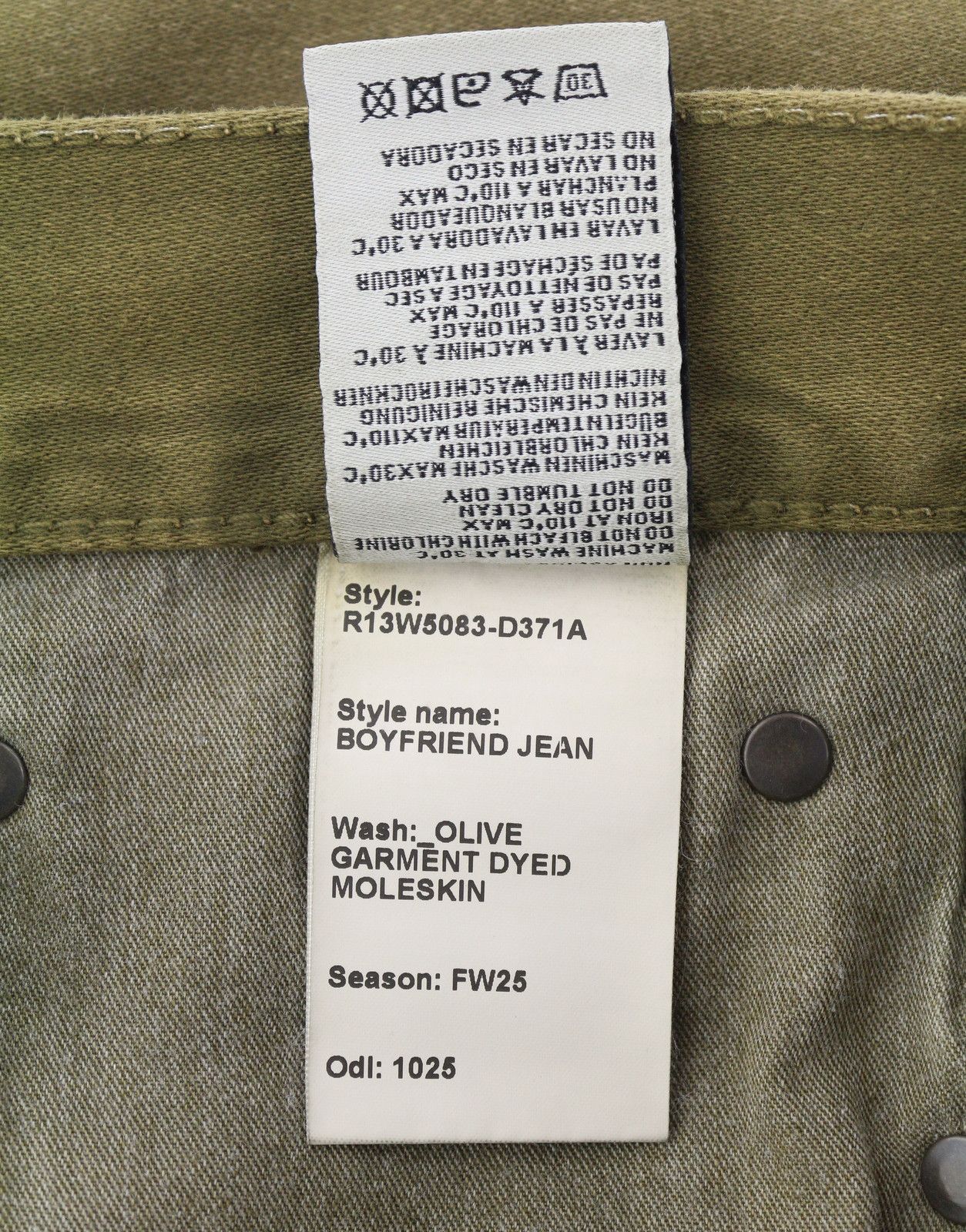 R13 BOYFRIEND 30 Olive Garment Dyed Moleskin Faded FW25 86534 Size 30" / US 8 / IT 44 - 9 Thumbnail