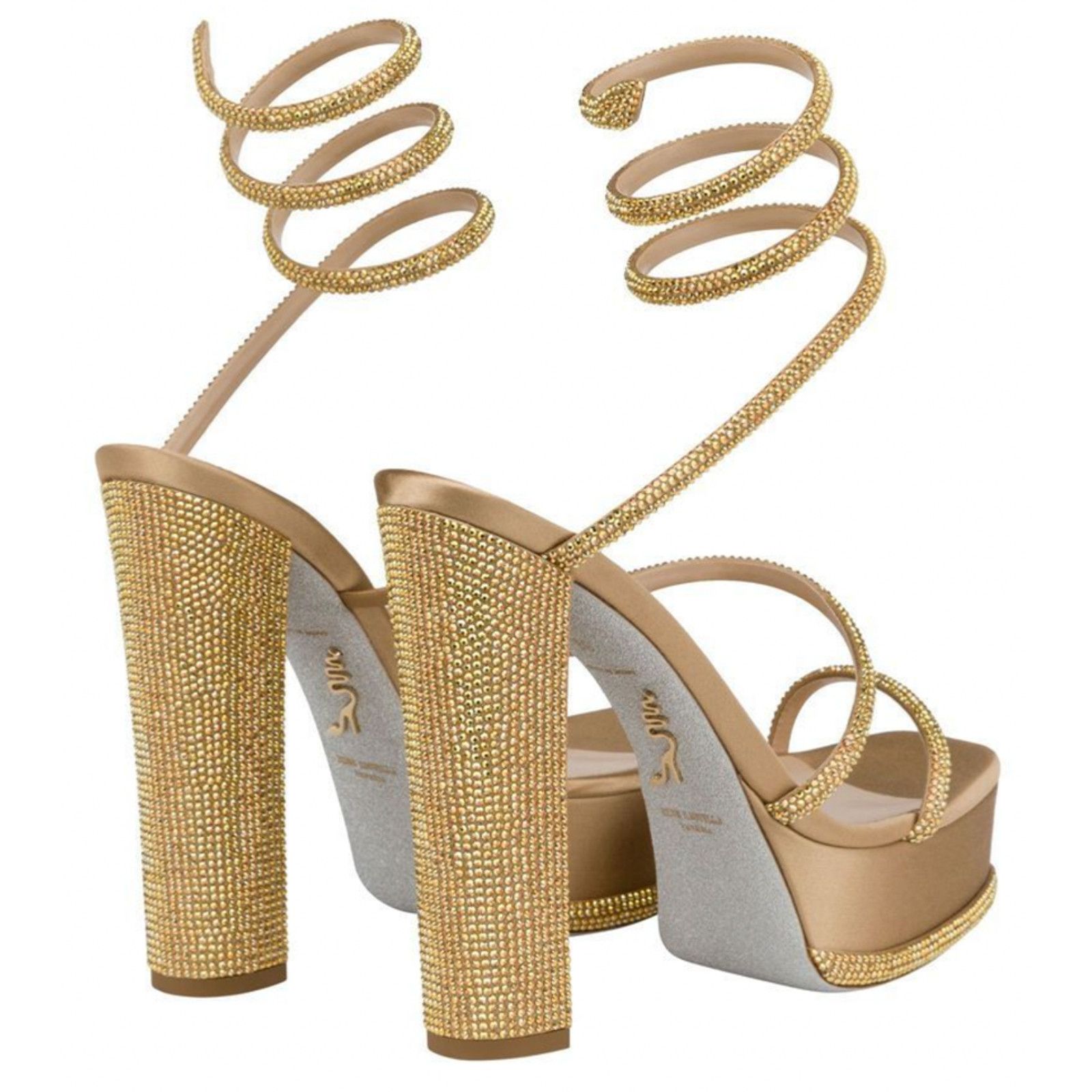 Rene Caovilla Cleo Gold Platform Wrap Strap Sandal Block Heel Pump 40 Size US 10 / IT 40 - 10 Thumbnail