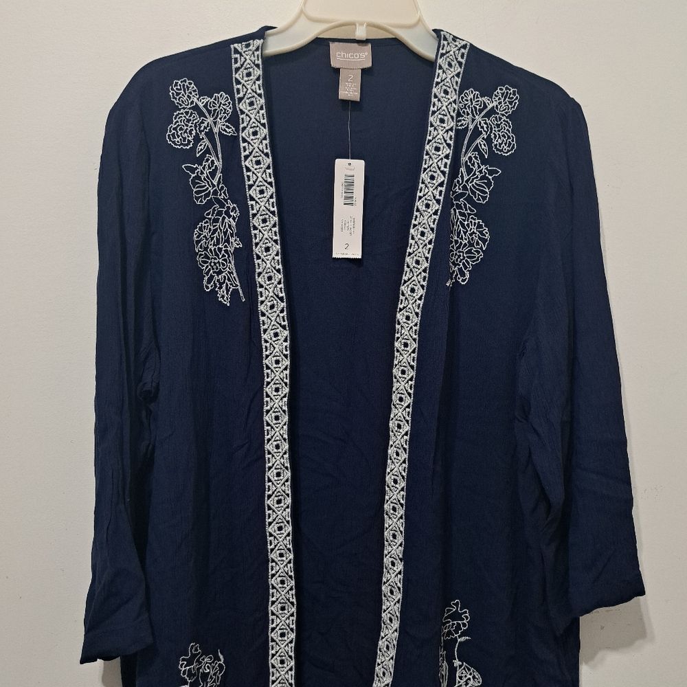 Chicos Chico's Floral Embroidery Pattern Crinkle Open Front Cardi J Size L / US 10 / IT 46 - 12 Thumbnail