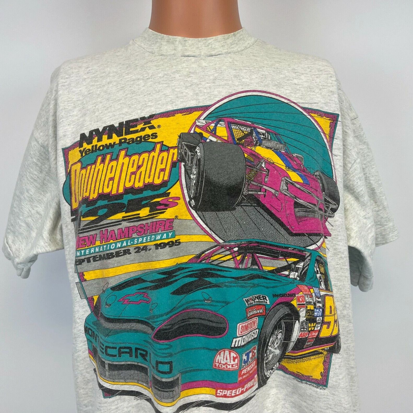 image of Fruit Of The Loom Nynex Yellow Pages Doubleheader Race T Shirt VTG 90's 1995 Nascar Nh Speedway XL 