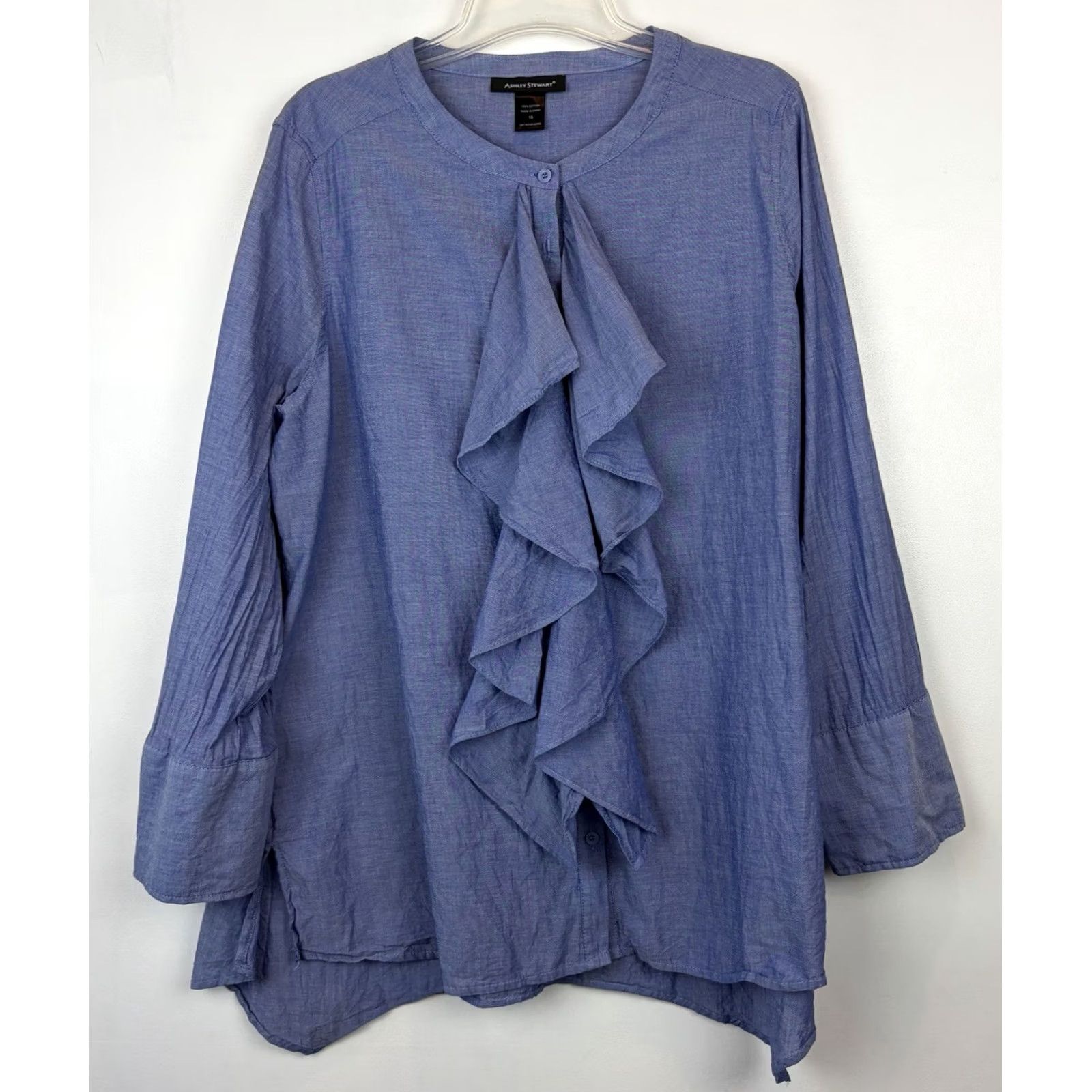 Vintage Preppy Blue Cotton Ruffle Poet Button Top Lagenlook Pirate Womens 18 Size XXL / US 16-18 / IT 52-54 - 2 Thumbnail