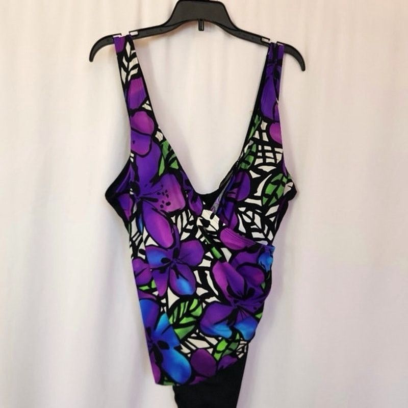 Vintage Vintage Robby Len Purple Black Floral One Piece Swim Suit 12 Size ONE SIZE - 1 Thumbnail