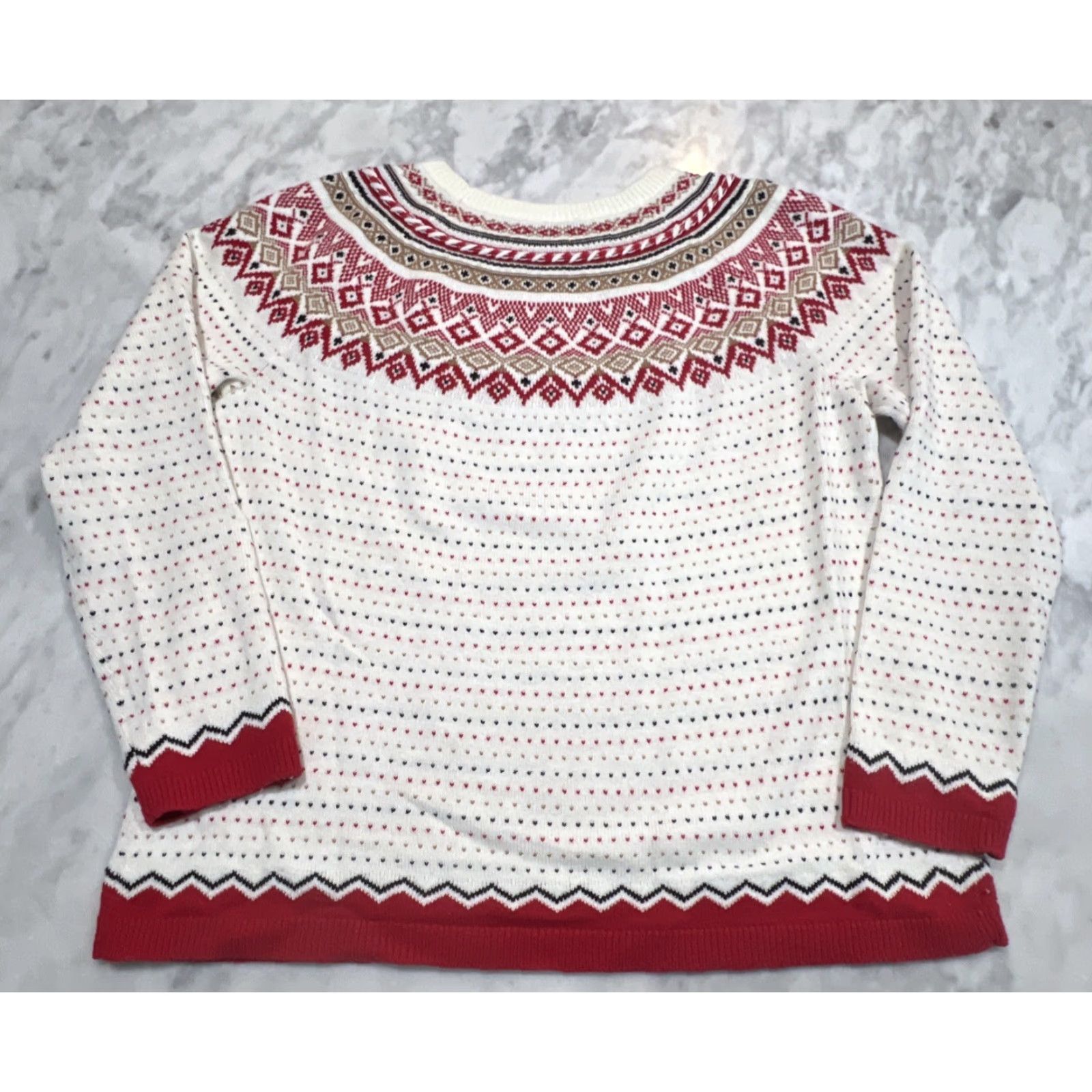 Talbots Talbots Fair Isle Crew Neck Lamb Wool Knit Sweater Large Red Cream & Black Shirt Womens L Multicolor Holiday Preppy Casual Knit Pullover Size L / US 10 / IT 46 - 5 Thumbnail