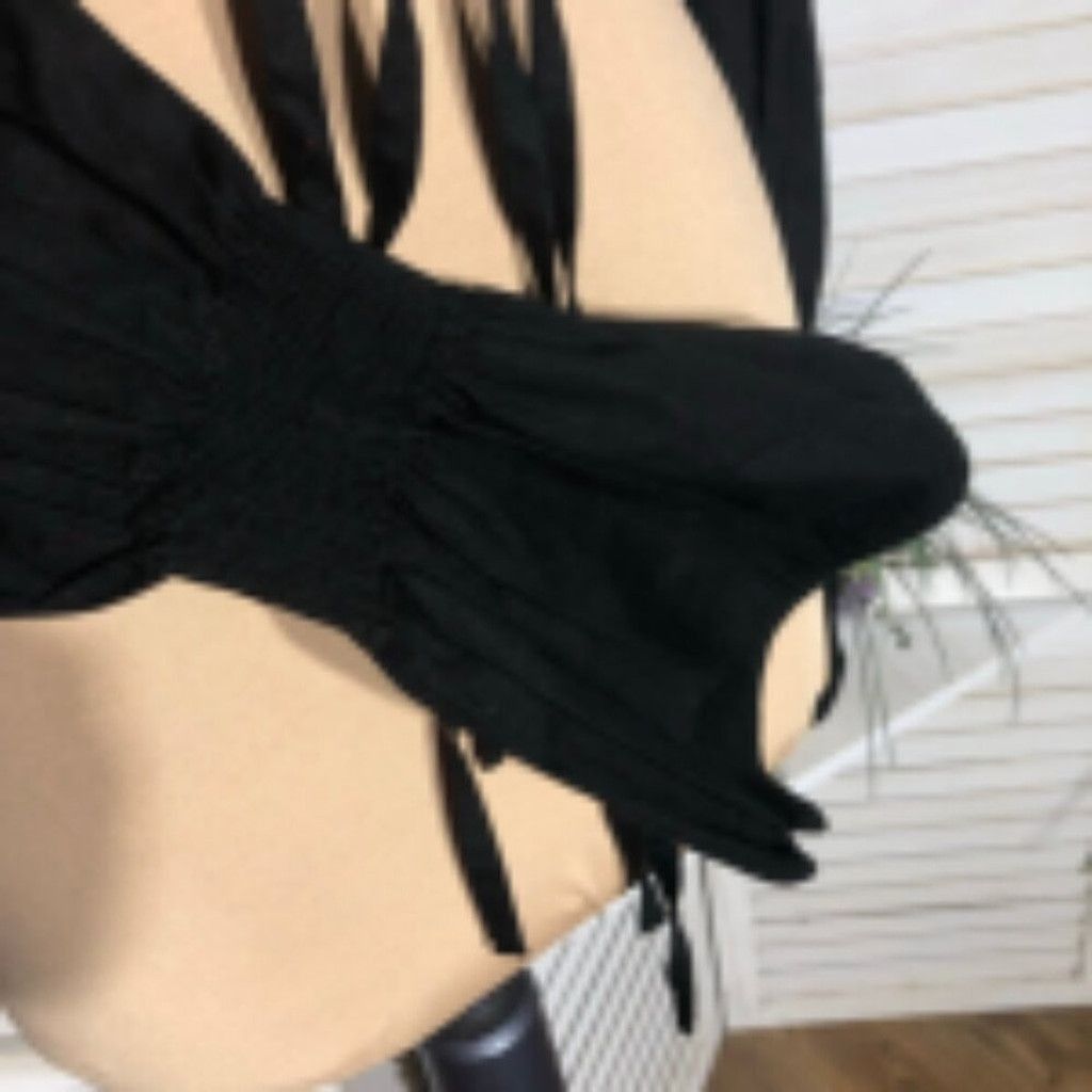 Vintage Boho Cropped Top Tie Front Ruched Puff Long Sleeve Black L Size L / US 10 / IT 46 - 8 Thumbnail