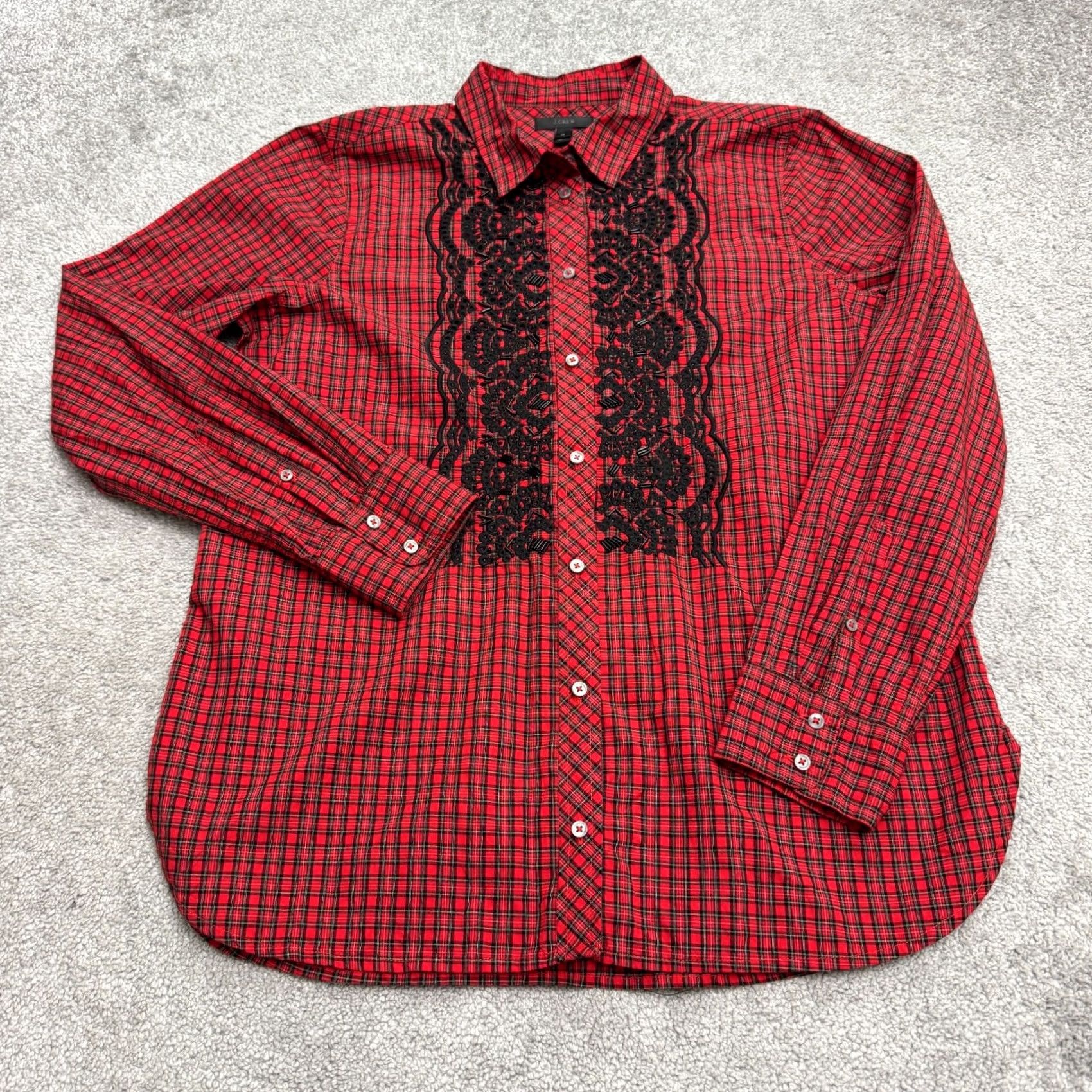 J.Crew J.Crew Button-Up Shirt Womens 12 Red Plaid Beaded Embroidered Tartan Cotton Long Sleeve Size XL / US 12-14 / IT 48-50 - 2 Thumbnail