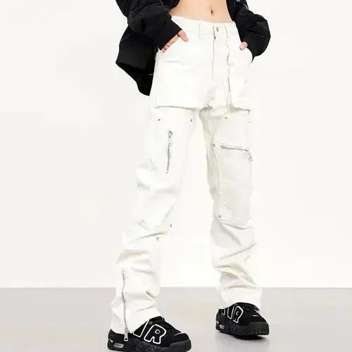 VIBE Zipper Split Flare White Cargo Pants Size US 32 / EU 48 - 2 Thumbnail