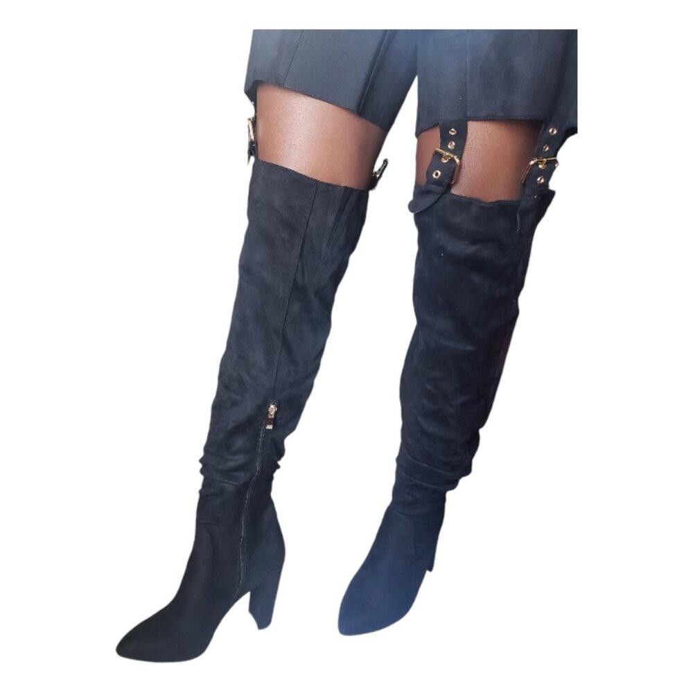 Detogni Black Faux Suede Thigh High Boots Size 8