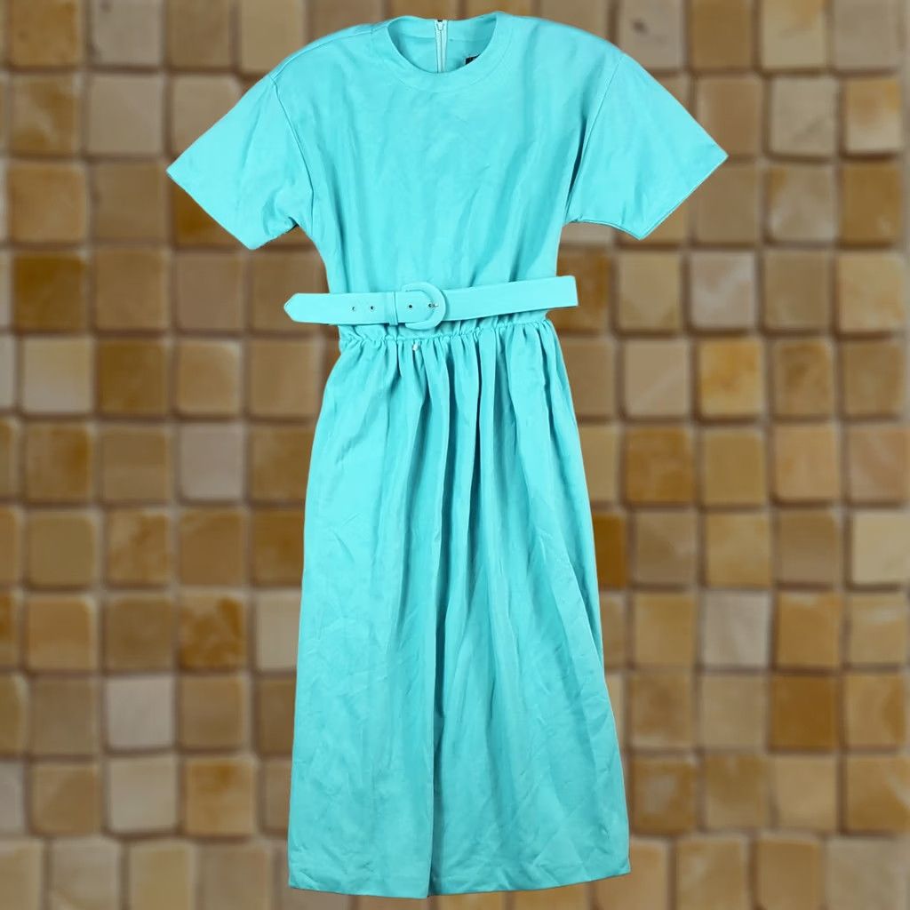 Vintage VINTAGE 80s Belted Turquoise Short Sleeve Women's Size 6 Long Maxi Dress Blue Size 28" / US 6 / IT 42 - 1 Thumbnail