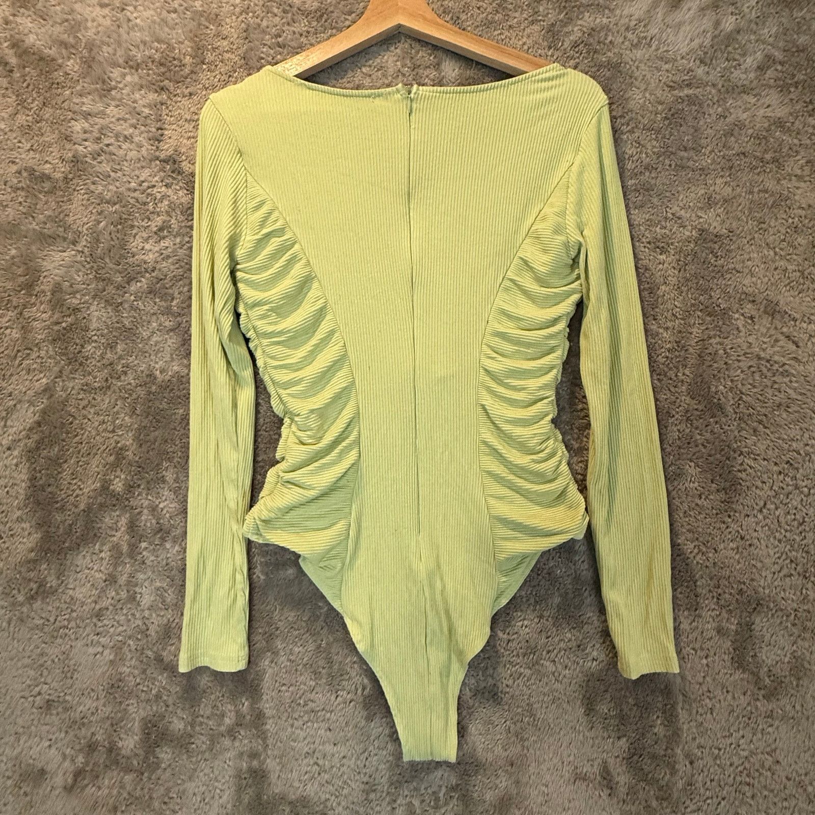 Other Saints Secrets Green Ribbed Shirred Bodysuit Long Sleeve Top Size L / US 10 / IT 46 - 5 Thumbnail