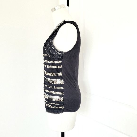 Nine West Black/Silver Sequin-Striped Ruffle Trim V-Neck Tank Glam Size M / US 6-8 / IT 42-44 - 5 Thumbnail