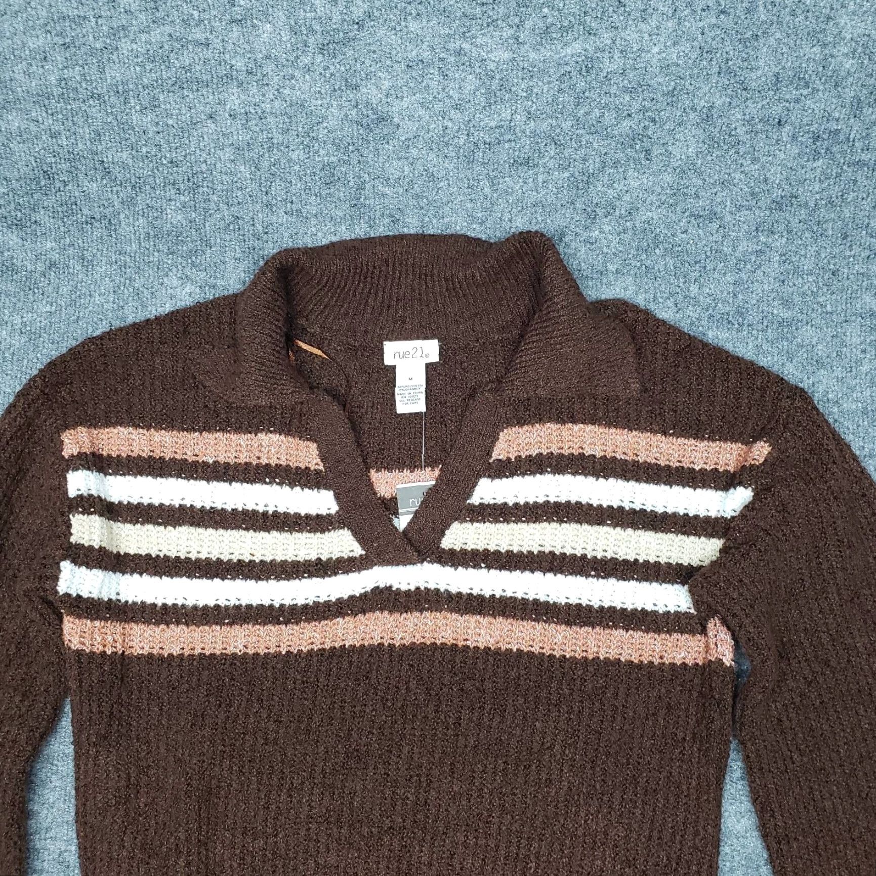 Vintage Rue21 Sweater Womens M Brown Striped Collared Ribbed Knit Pullover New Size M / US 6-8 / IT 42-44 - 2 Thumbnail