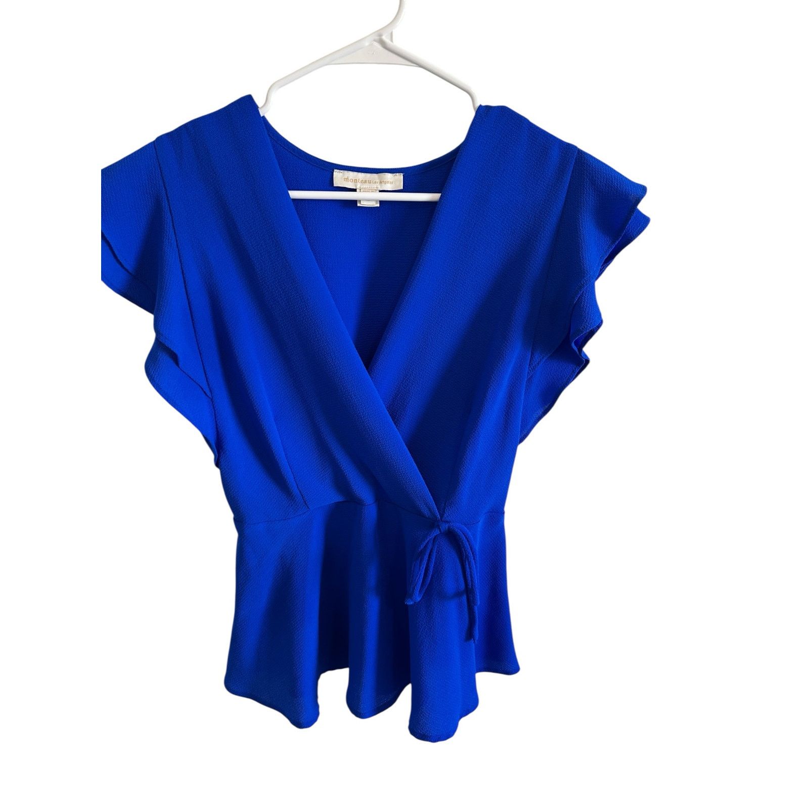 Other Monteau Blue Faux Wrap Ruffle Short Sleeve V-Neck Blouse Size M / US 6-8 / IT 42-44 - 5 Thumbnail