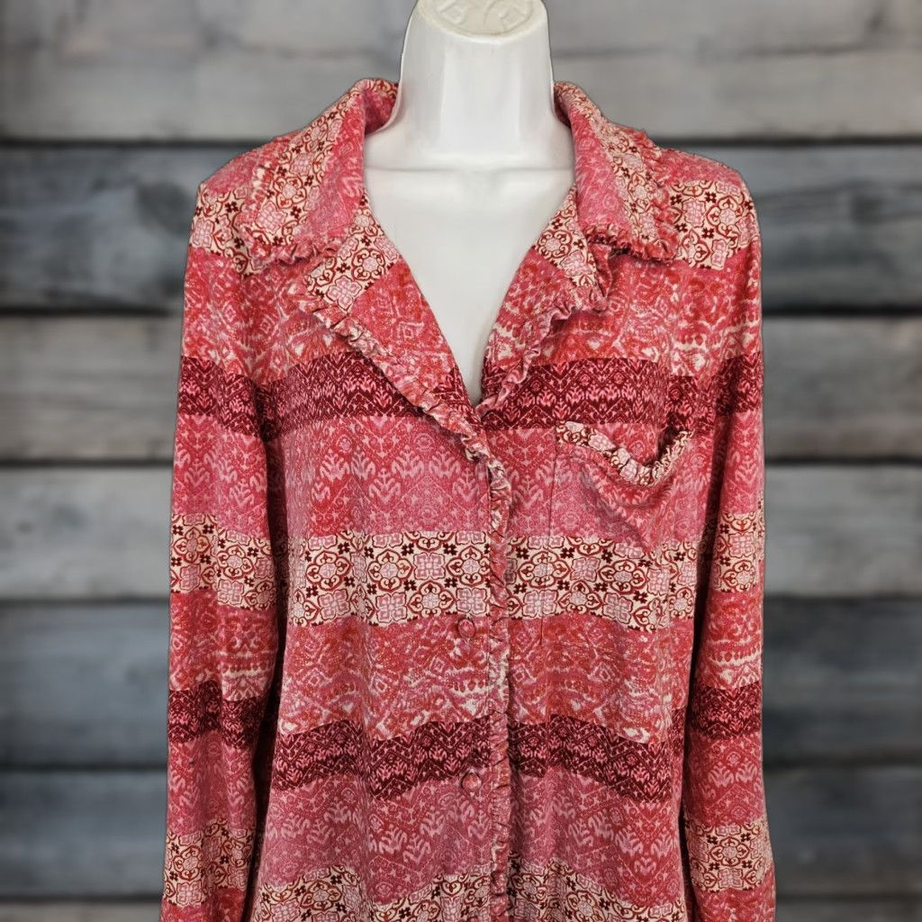 Soft Surroundings Soft Surroundings Womens Pajama Top Long Sleeve Button Up Sz Large Pink Color Red Size L Size L / US 10 / IT 46 - 1 Thumbnail