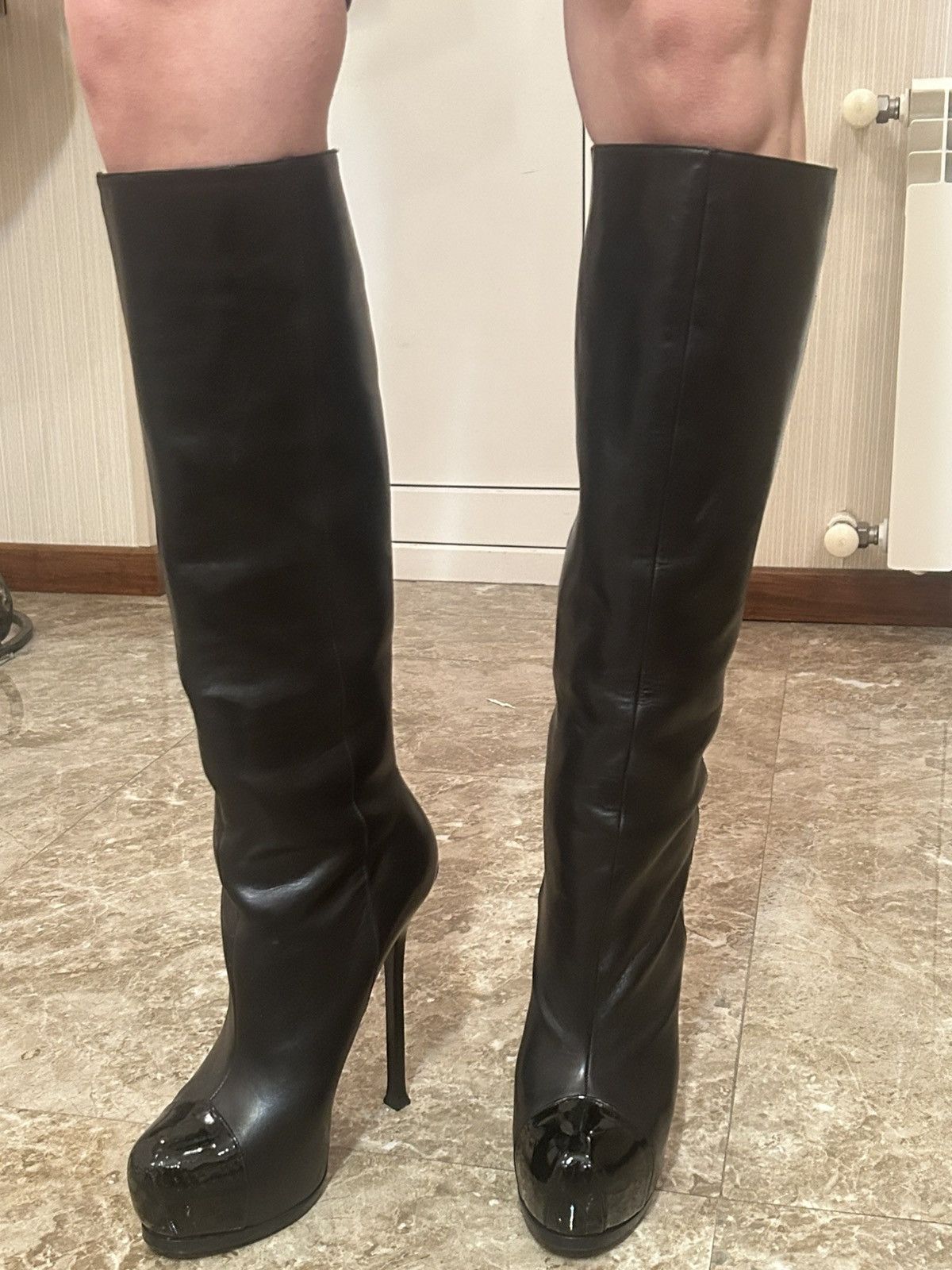 YVES Saint Laurent Knee-High Leather Black Boots, Women's (Size 10.5)
