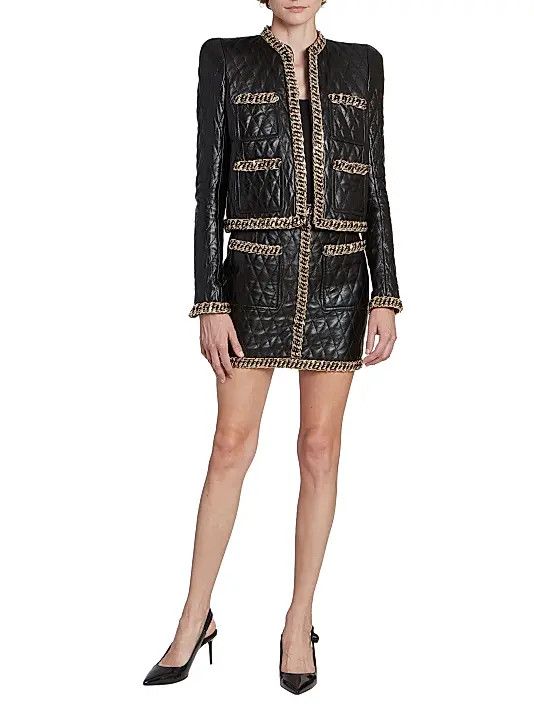 Balmain o1s1wg110825 Quilted Leather Chain Jacket in Black Size S / US 4 / IT 40 - 6 Thumbnail