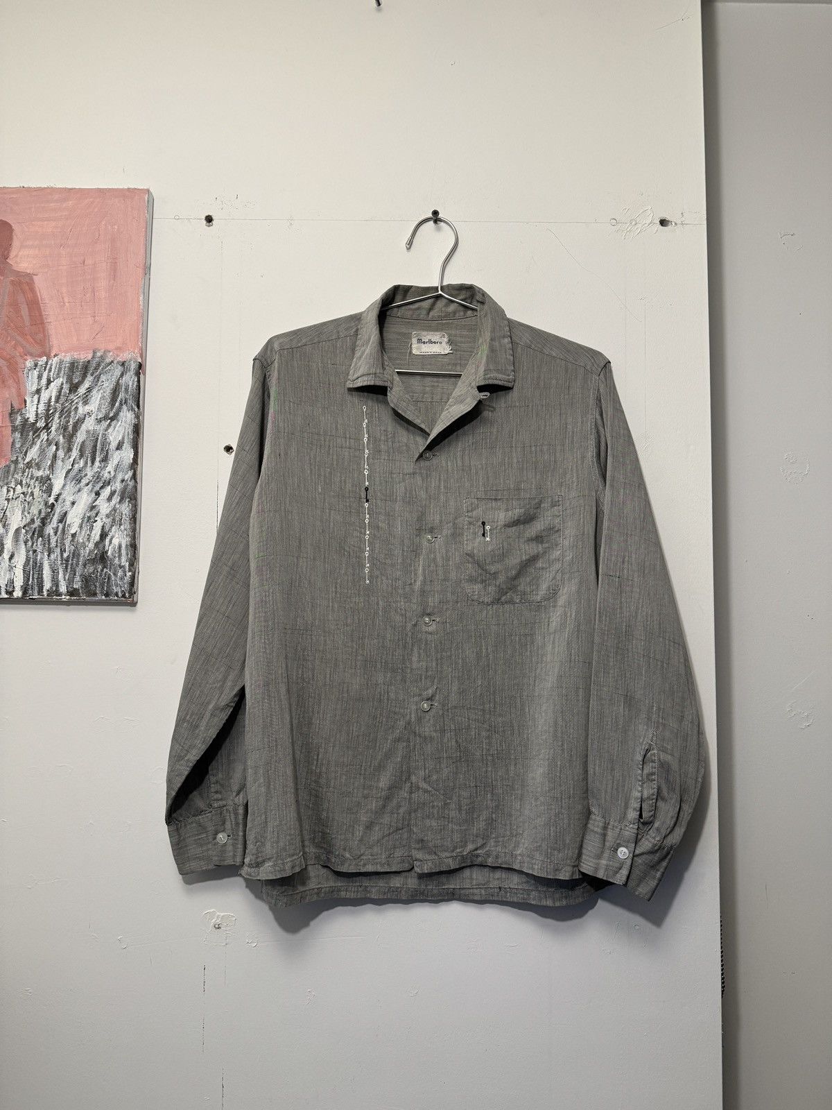 image of America x Marlboro Vintage 60S 70's Marlboro Key Embroidered Loop Collar Shirt M in Grey (Size Medi