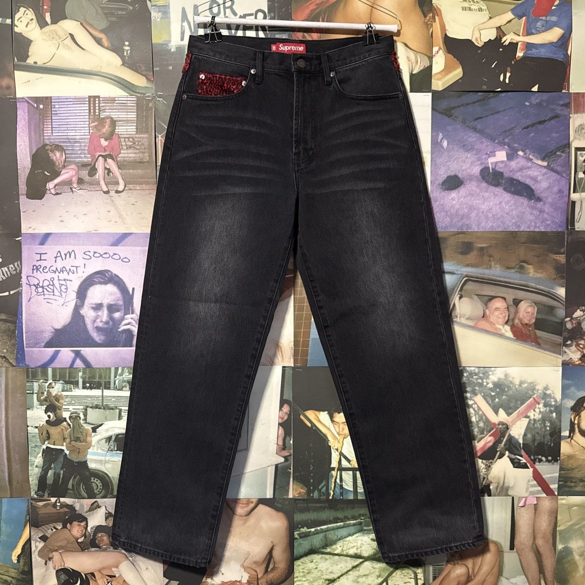 Supreme SUPREME LEOPARD FAUX FUR LOOSE FIT JEANS BLACK | Grailed