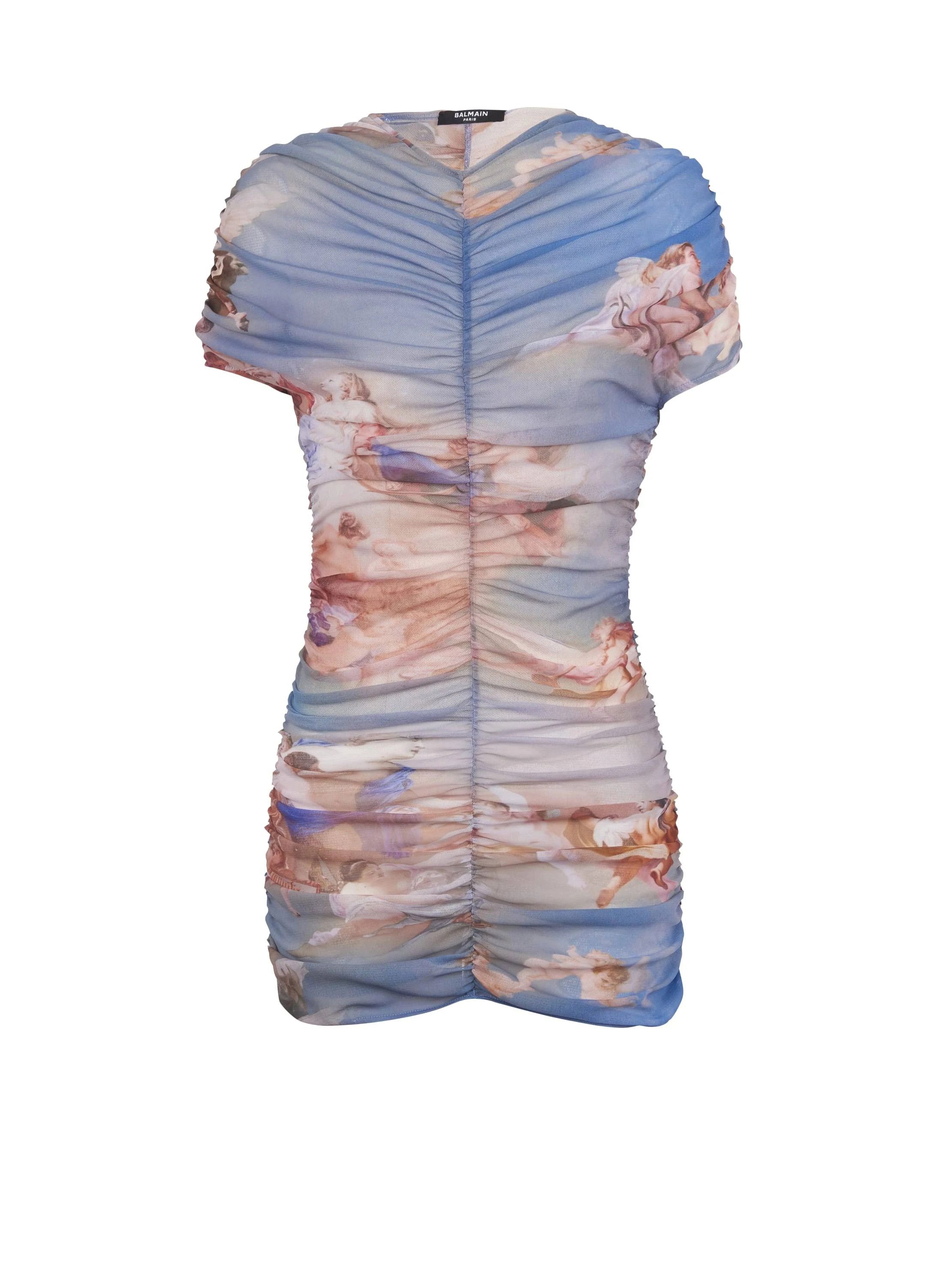 image of Balmain O1Srvl11E0524 Sky Printed Tulle Dress In Multicolor, Women's (Size XL)