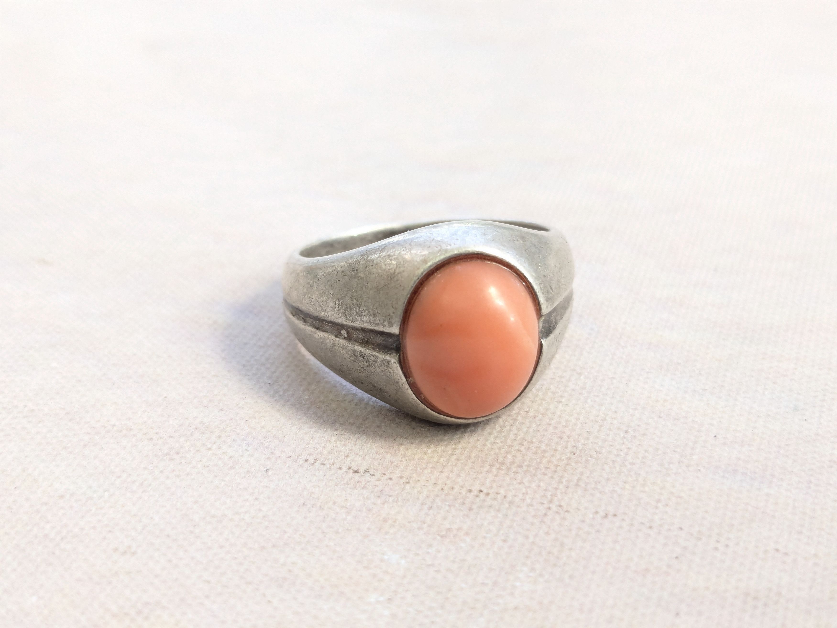 Jewelry Vintage Sterling Silver Ring Pink Coral 8.5 Oval Cabochon Size ONE SIZE - 2 Thumbnail