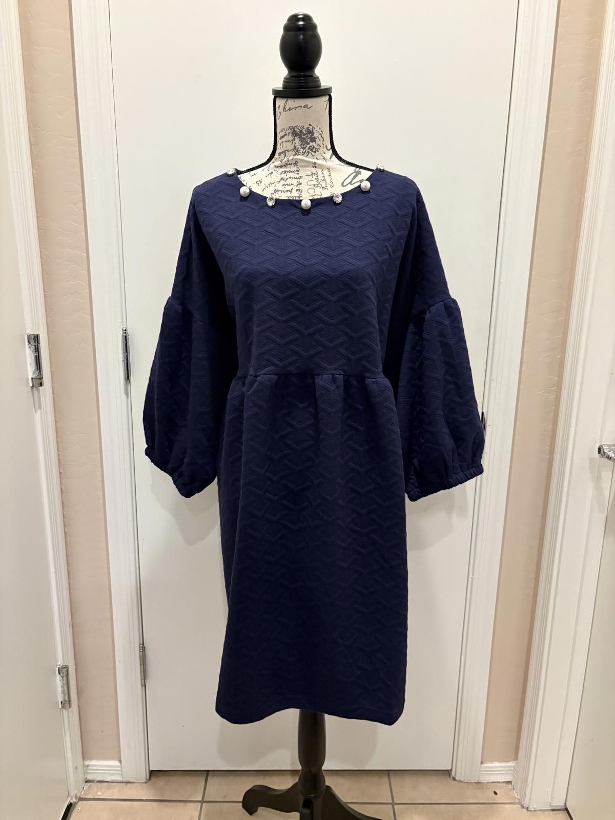 Other Navy Textured Dress with Pearl and Gem Neckline Size 3XL / US 20-22 - 1 Thumbnail